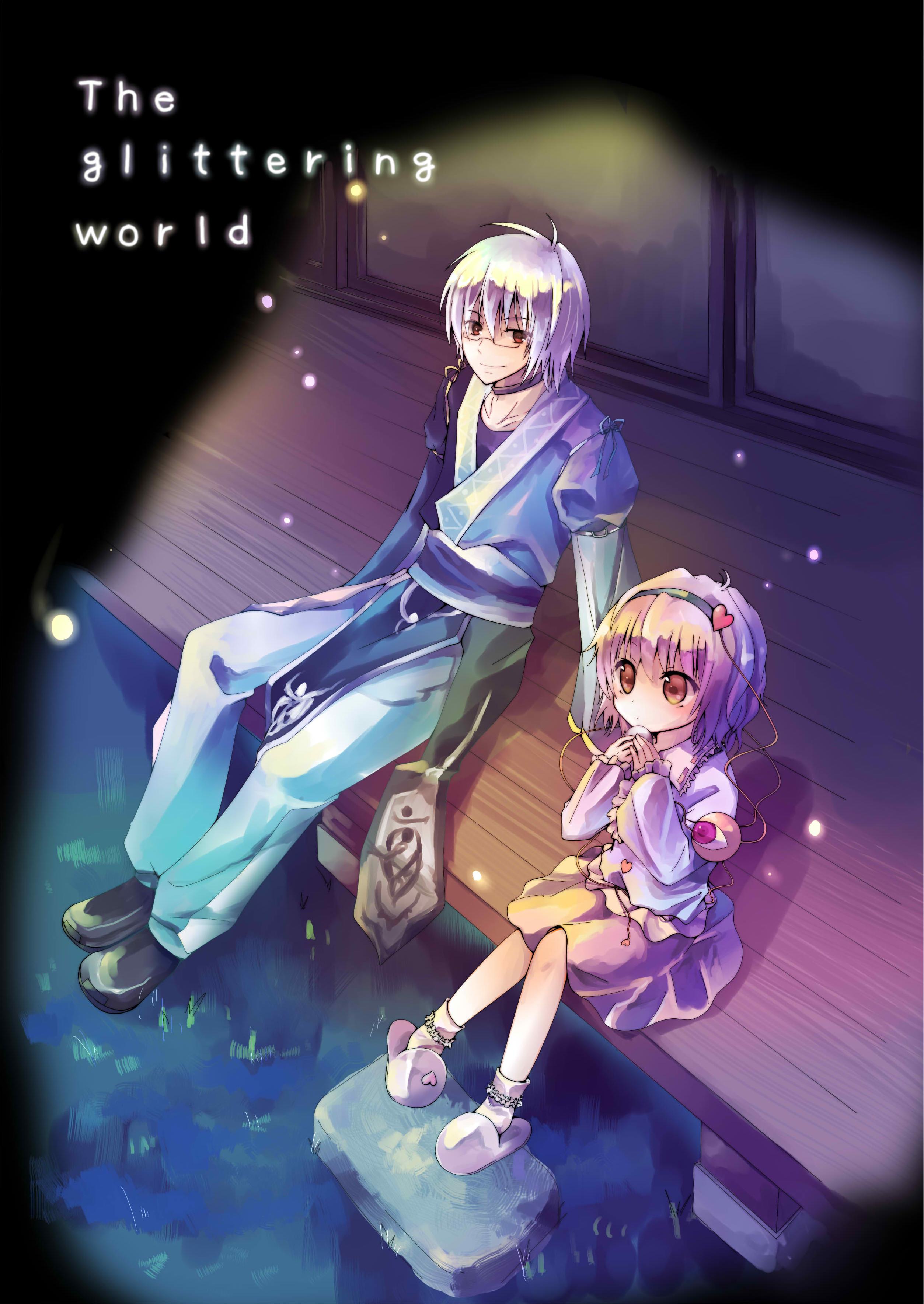 murasaki-neko, murasaki (murasakiiro no yoru), komeiji satori, morichika rinnosuke, touhou, silver hair, absurdres, highres, 1boy, 1girl, glasses, hairband, heart, japanese clothes, pink eyes, pink hair, short hair, yellow eyes