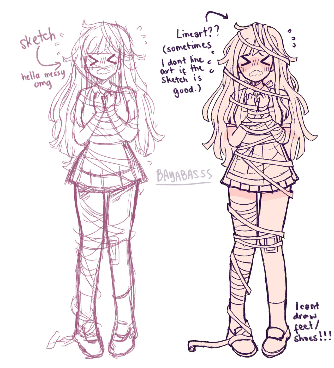 tsumiki mikan, danganronpa (series), danganronpa 2: goodbye despair, commentary, english commentary, highres, > <, 1girl, apron, arrow (symbol), artist name, bandage on leg, bandaged arm, bandaged leg, bandages, bayabasss, blush, bound, closed eyes, collared shirt, english text, flying sweatdrops, lineart, long hair, mole, mole under eye, monochrome, multiple views, open mouth, shirt, shoes, short sleeves, simple background, sketch, skirt, socks, standing, tied up (nonsexual), wavy mouth, white background