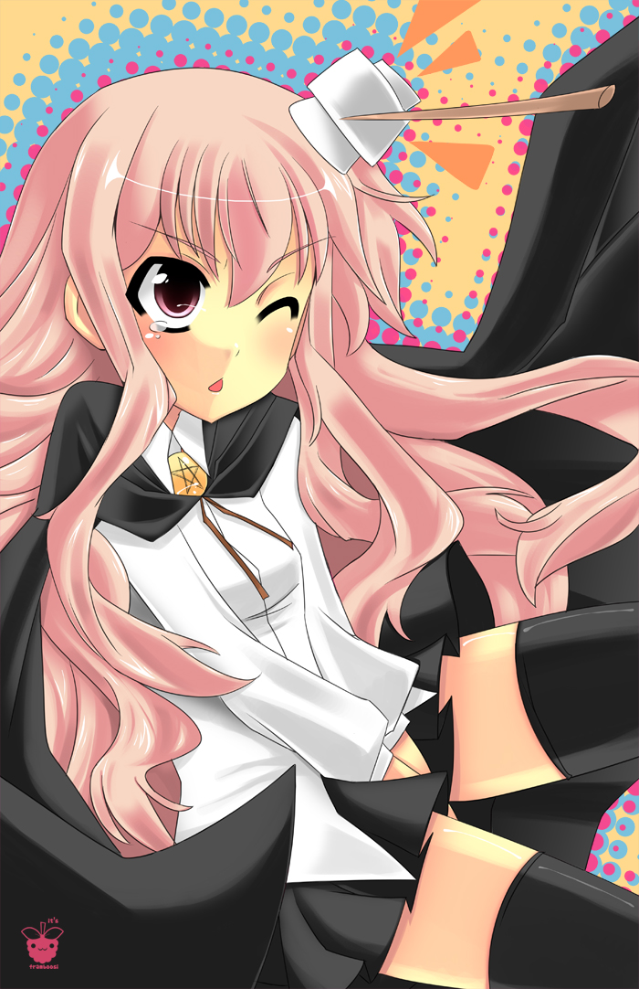 framboosi, louise francoise le blanc de la valliere, zero no tsukaima, 00s, 1girl, black thighhighs, blouse, brooch, cape, female focus, jewelry, long hair, one eye closed, pink eyes, pink hair, shirt, skirt, solo, tears, thighhighs, wince, wink, zettai ryouiki