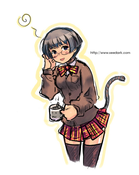 seedark, 1girl, black hair, blue eyes, cup, female focus, glasses, holding, plaid clothes, plaid skirt, pleated skirt, short hair, skirt, solo, tail, tan, thighhighs, zettai ryouiki