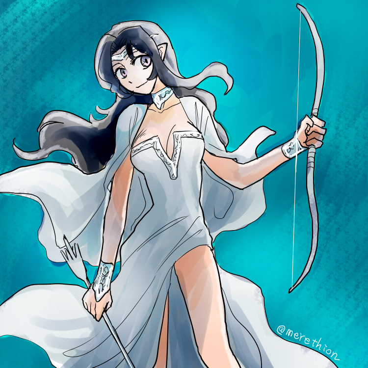 merethion, aredhel, the silmarillion, tolkien's legendarium, 1girl, arrow (projectile), bare arms, bare legs, black hair, bow (weapon), breasts, circlet, cleavage, closed mouth, collarbone, dress, elf, female focus, floating clothes, floating hair, holding, holding arrow, holding bow (weapon), holding weapon, jewelry, looking at viewer, parted bangs, pointy ears, solo, twitter username, weapon, white dress