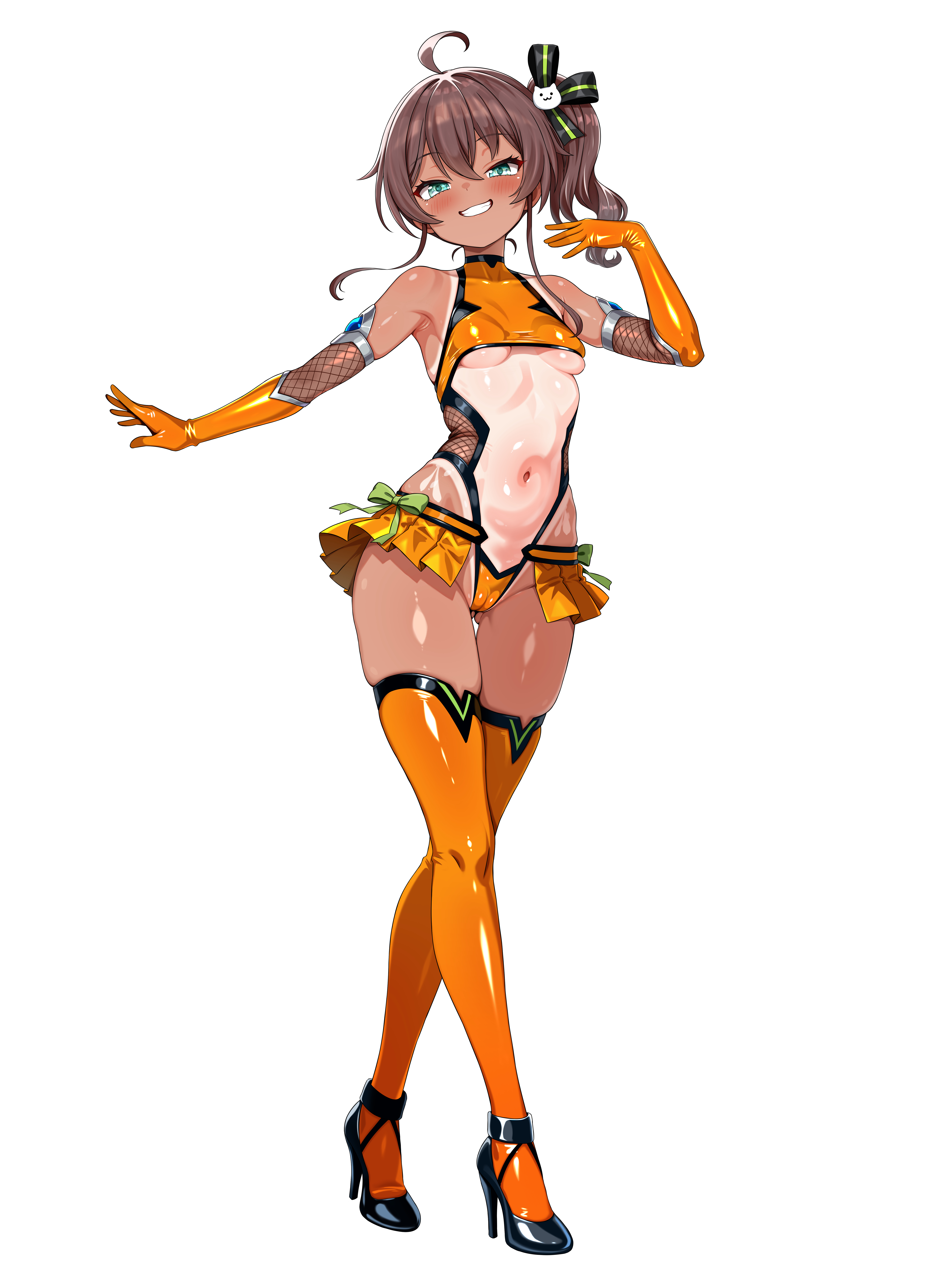 naguanan, natsuiro matsuri, hololive, absurdres, commentary request, highres, 1girl, blue eyes, breasts, brown hair, cameltoe, fishnet leotard, fishnets, full body, grin, hair between eyes, hair ribbon, halterneck, high heels, leotard, ribbon, shoes, showgirl skirt, side ponytail, small breasts, smile, solo, standing, taimanin suit, tan, thighhighs, underboob, virtual youtuber