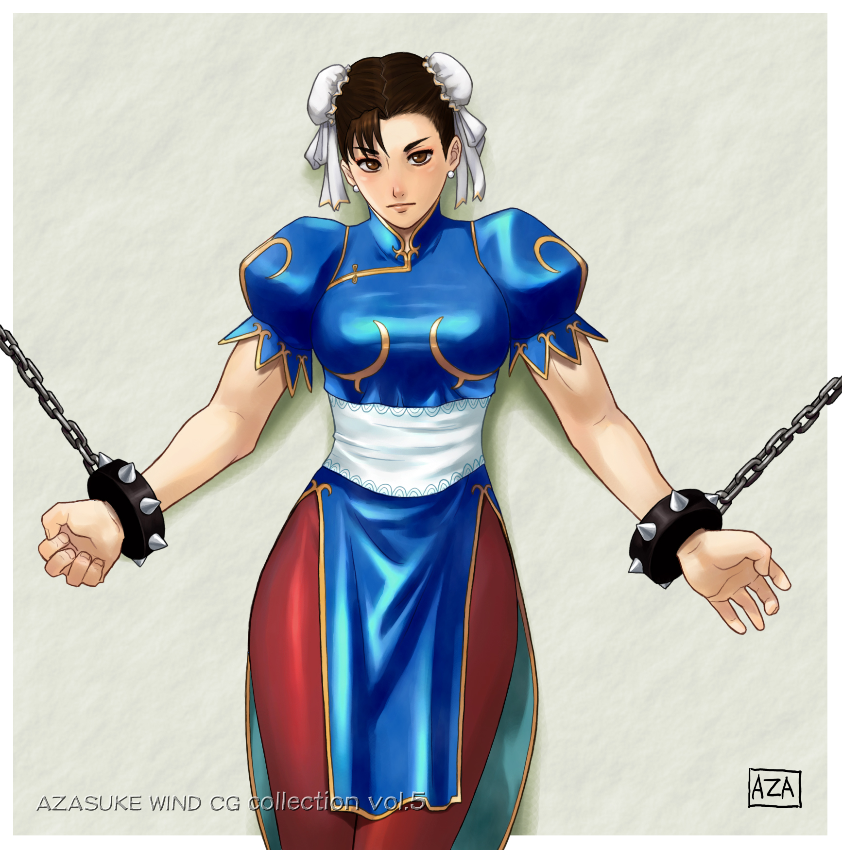 azasuke, chun-li, capcom, street fighter, highres, bracelet, chain, chained, double bun, jewelry, spiked bracelet, spikes