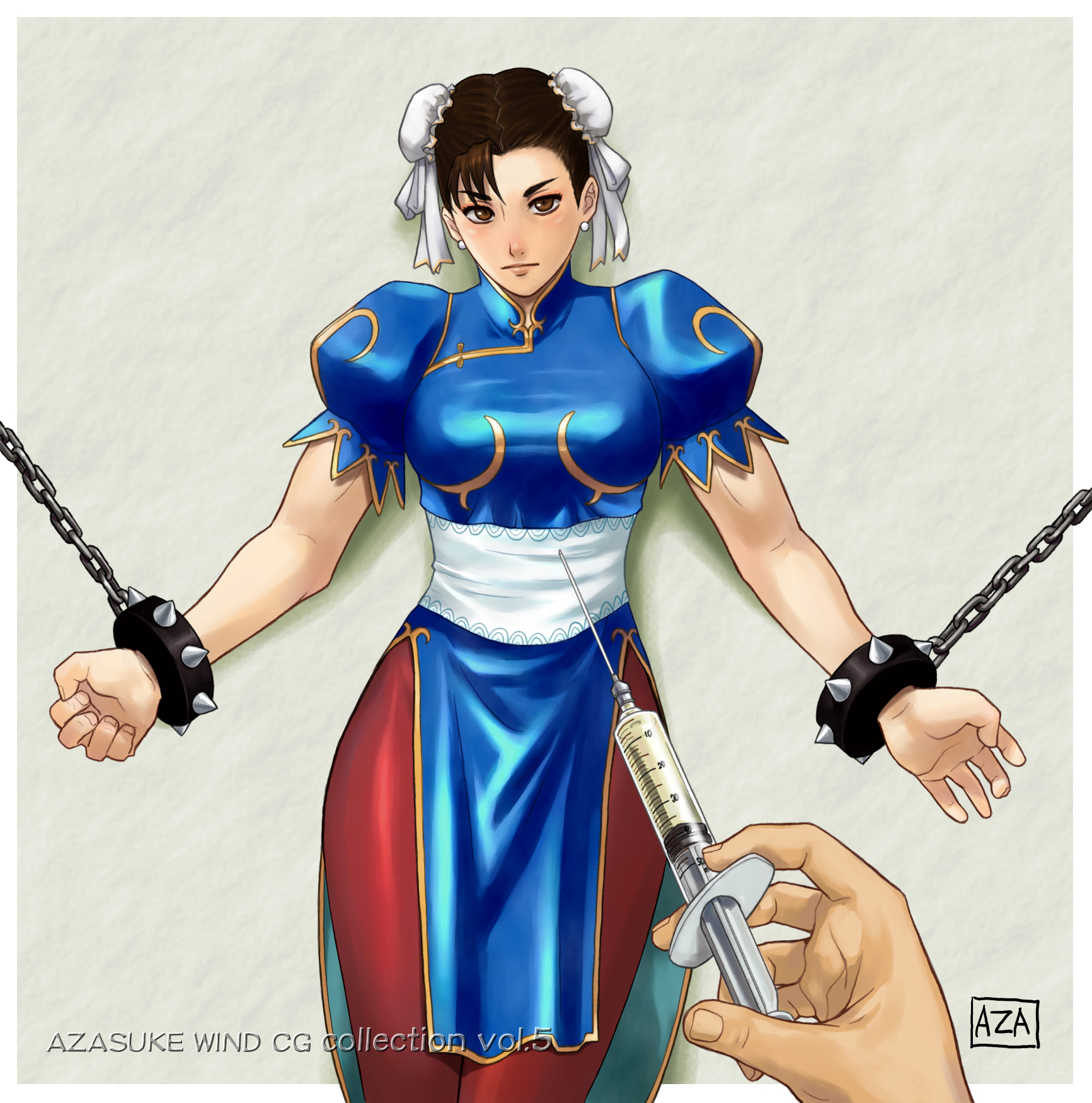azasuke, chun-li, capcom, street fighter, highres, bracelet, chain, chained, double bun, jewelry, spiked bracelet, spikes