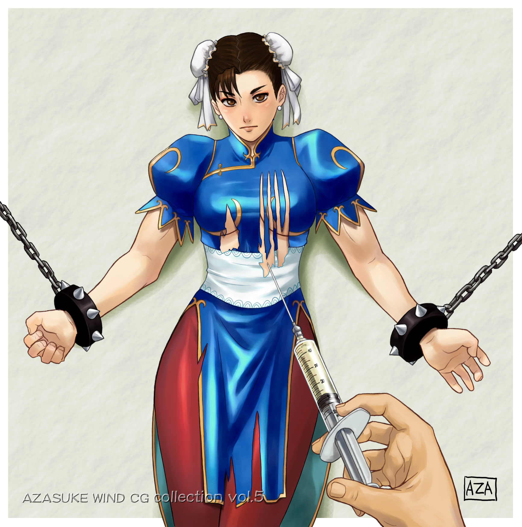 azasuke, chun-li, capcom, street fighter, highres, 1girl, bracelet, chain, chained, double bun, jewelry, spiked bracelet, spikes