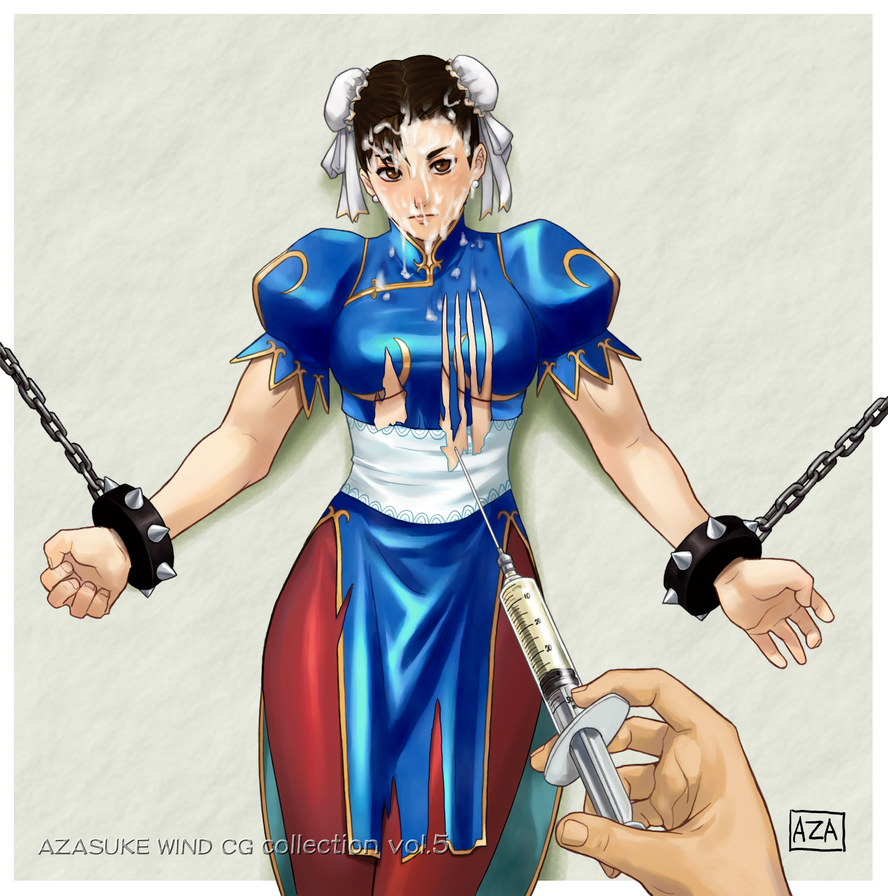 azasuke, chun-li, capcom, street fighter, highres, 1girl, bracelet, chain, chained, cum, cum on body, double bun, facial, hair bun, jewelry, spiked bracelet, spikes, torn clothes
