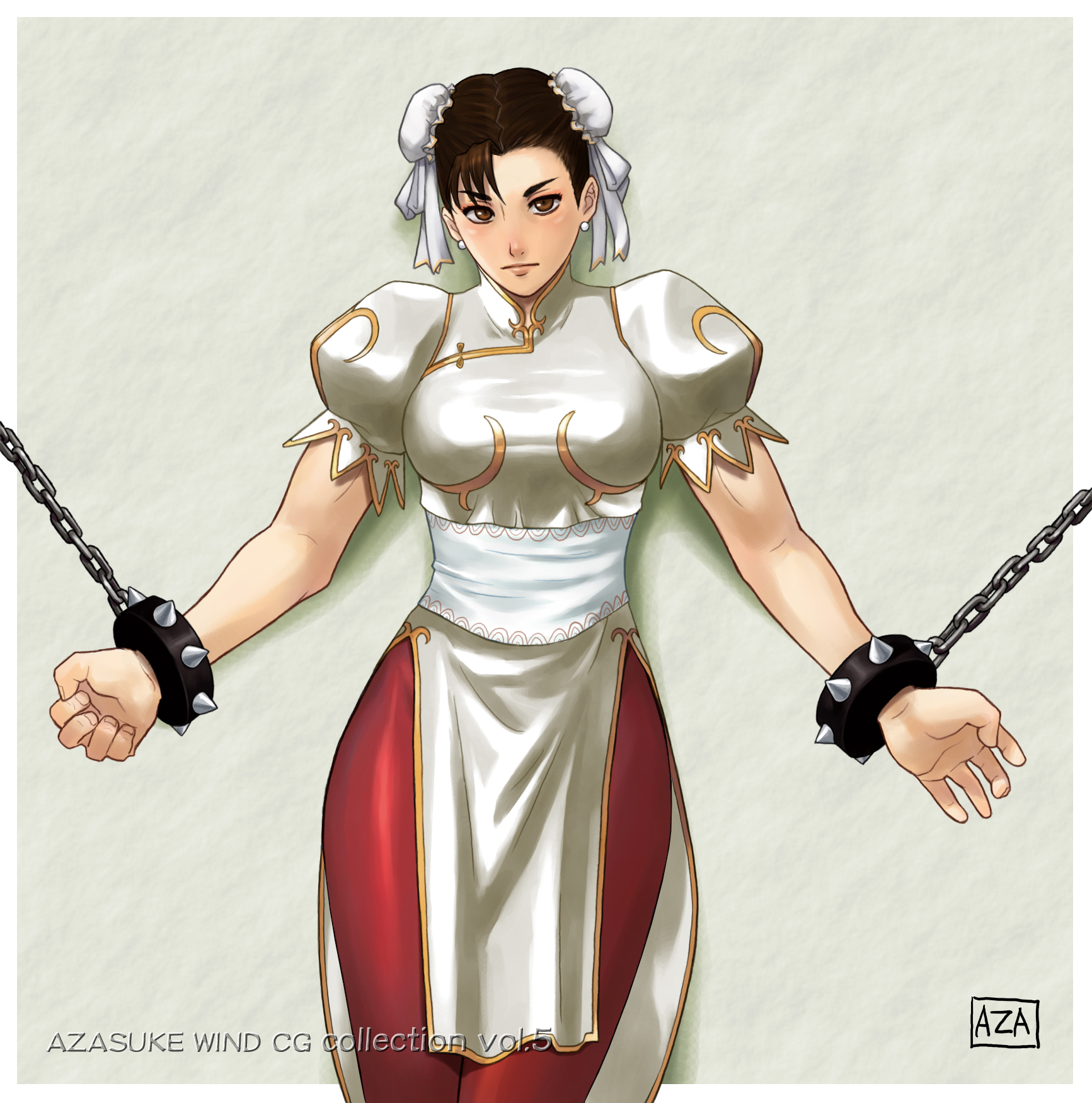 azasuke, chun-li, capcom, street fighter, highres, bracelet, chain, chained, double bun, jewelry, spiked bracelet, spikes