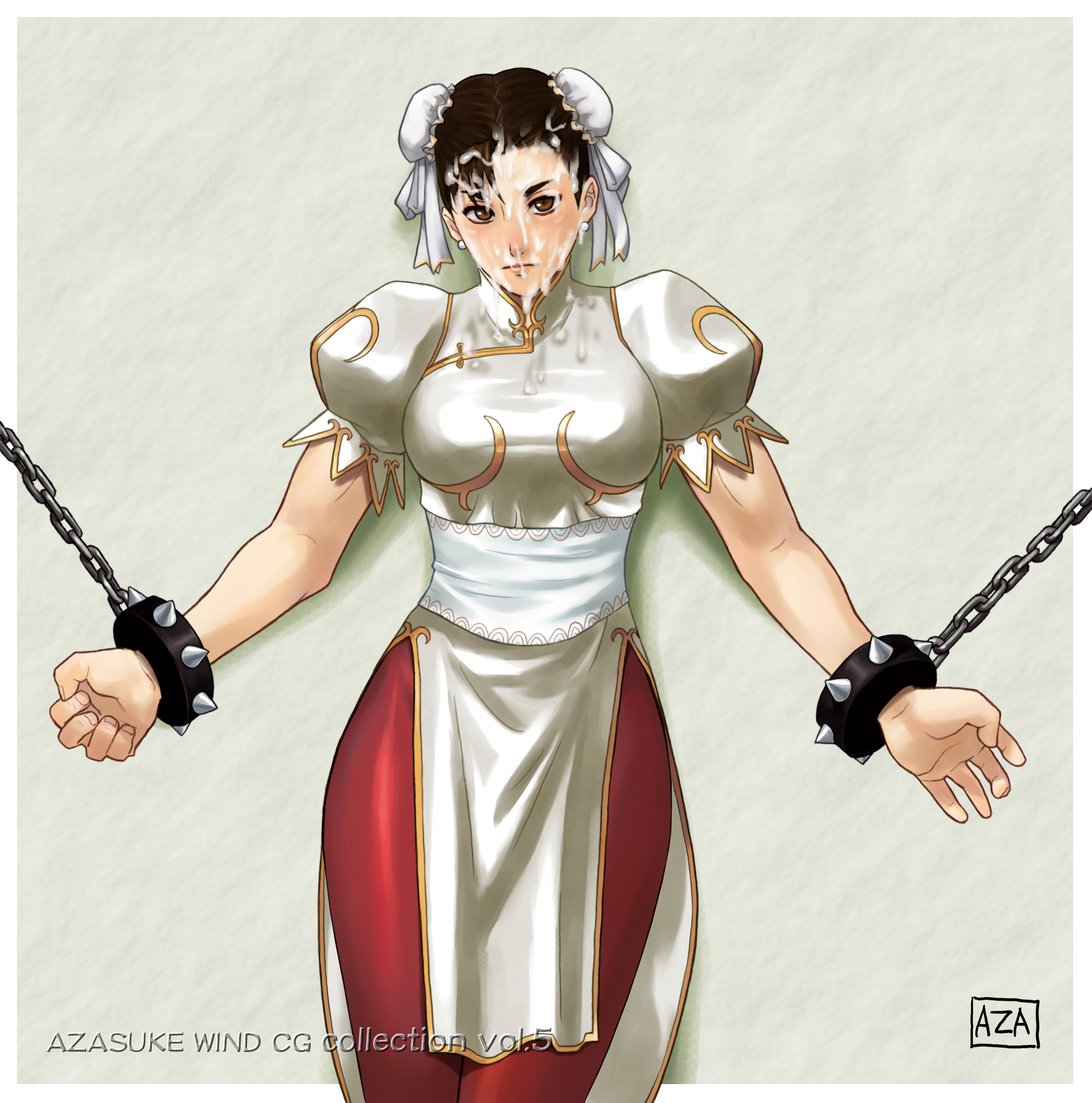 azasuke, chun-li, capcom, street fighter, highres, bracelet, chain, chained, double bun, jewelry, spiked bracelet, spikes