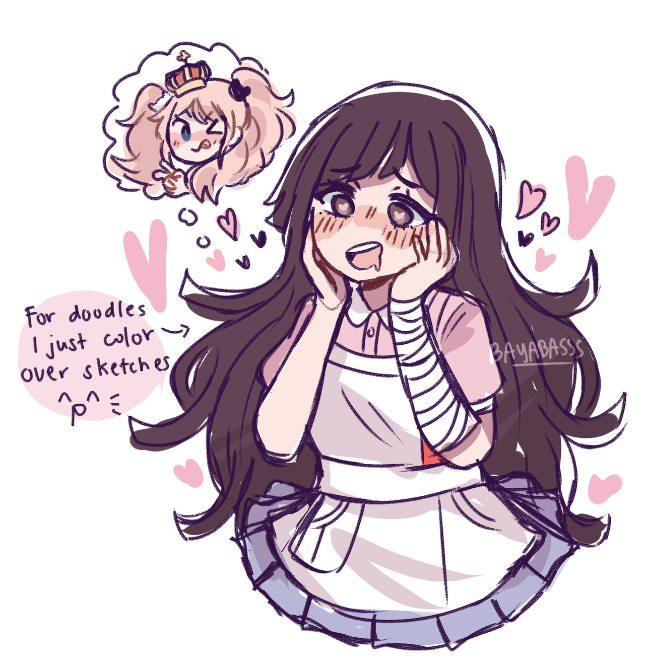 enoshima junko, tsumiki mikan, danganronpa (series), danganronpa 2: goodbye despair, commentary, english commentary, highres, > o, 1girl, apron, arrow (symbol), artist name, bayabasss, blonde hair, blue skirt, blush, brown eyes, brown hair, collared shirt, crown, drooling, english text, hair ornament, hands on own face, heart, heart-shaped pupils, long hair, mouth drool, one eye closed, open mouth, pink shirt, shirt, short sleeves, simple background, skirt, smile, solo, speech bubble, symbol-shaped pupils, teeth, thought bubble, tongue, tongue out, twintails, upper teeth only, v, white apron, white background