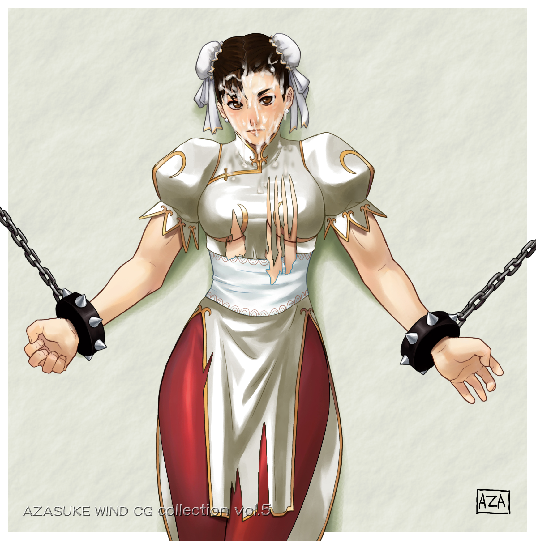 azasuke, chun-li, capcom, street fighter, highres, 1girl, bracelet, chain, chained, cum, cum on body, double bun, facial, hair bun, jewelry, spiked bracelet, spikes, torn clothes