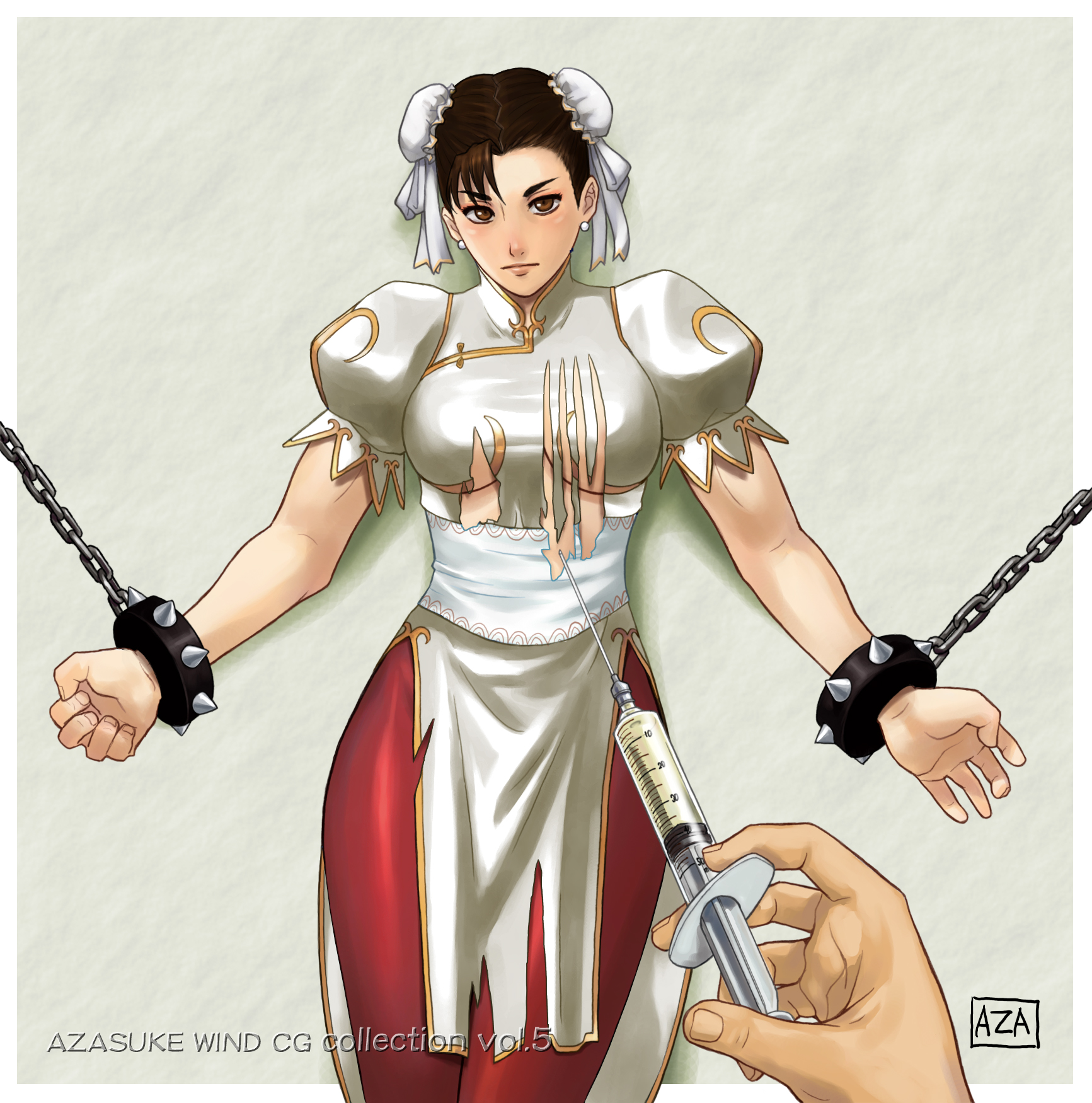 azasuke, chun-li, capcom, street fighter, highres, bracelet, chain, chained, double bun, jewelry, spiked bracelet, spikes, torn clothes