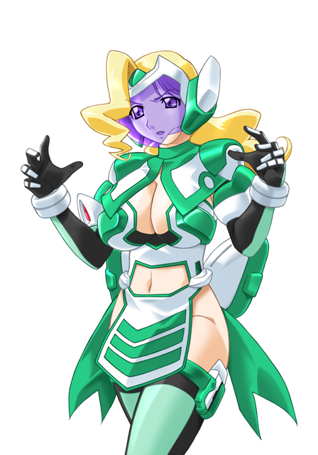 gan-chan (artist), sophie andrea yukitou, hitozuma sentai aisaiger, game cg, large variant set, non-web source, official art, variant set, 1girl, armor, blonde hair, breasts, cleavage, clothing cutout, face shield, gloves, green thighhighs, helmet, large breasts, lipstick, long hair, magical girl, makeup, mecha musume, navel, navel cutout, no panties, pelvic curtain, purple eyes, saiger lily, solo, thighhighs, transparent background