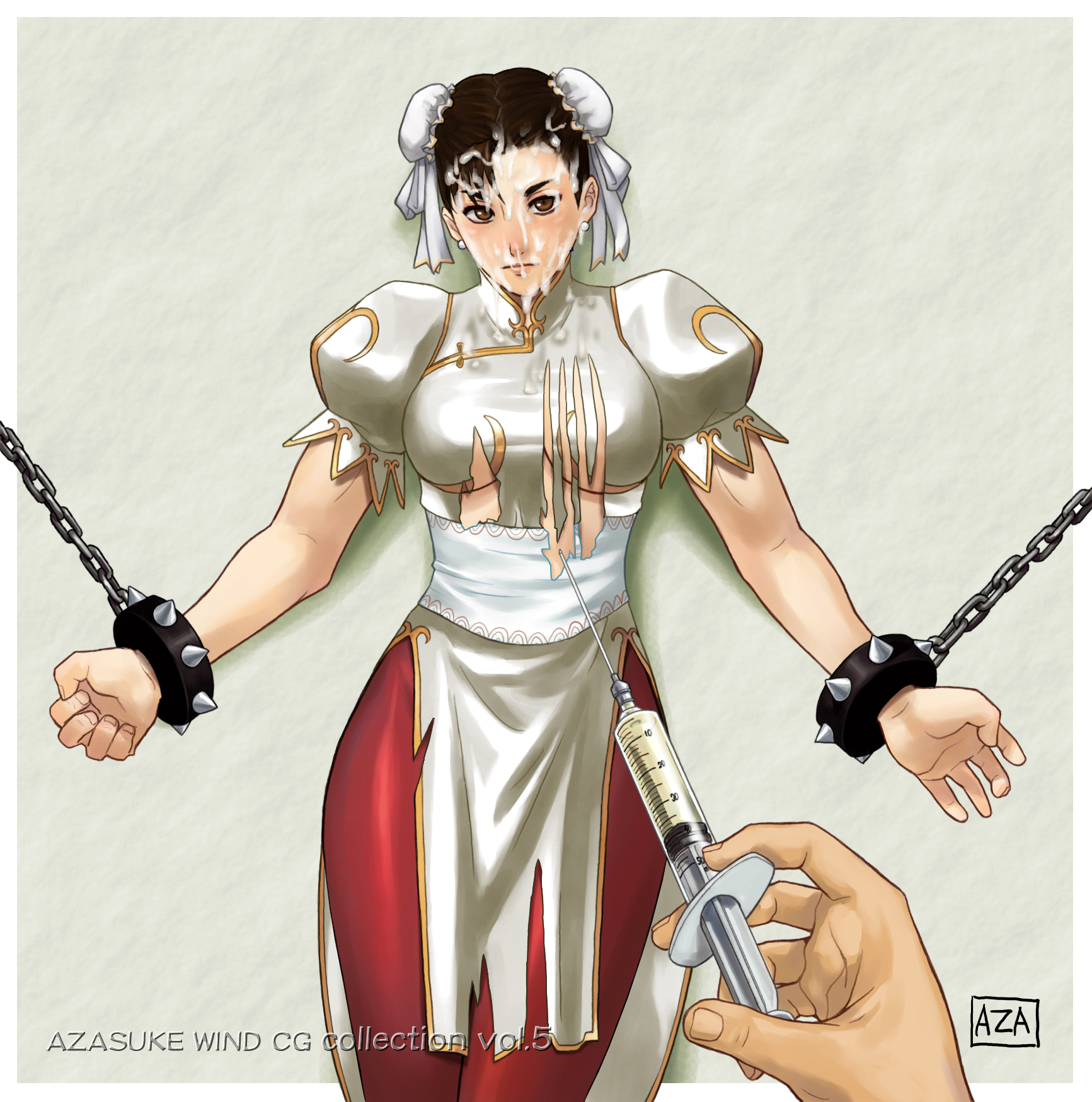 azasuke, chun-li, capcom, street fighter, highres, 1girl, bracelet, chain, chained, cum, cum on body, double bun, facial, hair bun, jewelry, spiked bracelet, spikes, torn clothes