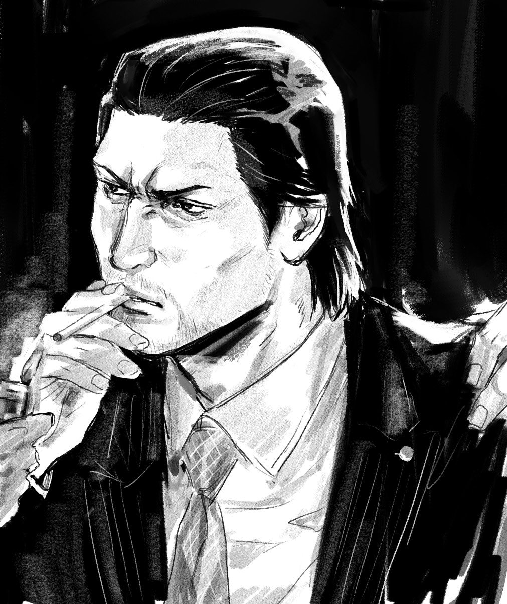 dojima daigo, ryuu ga gotoku (series), ryuu ga gotoku 3, commentary request, highres, 1boy, beard, facial hair, formal clothes, hair slicked back, lighter, lighting cigarette, male focus, monochrome, mullet, necktie, out of frame, serious, smoking, solo, solo focus, suit, tyag53