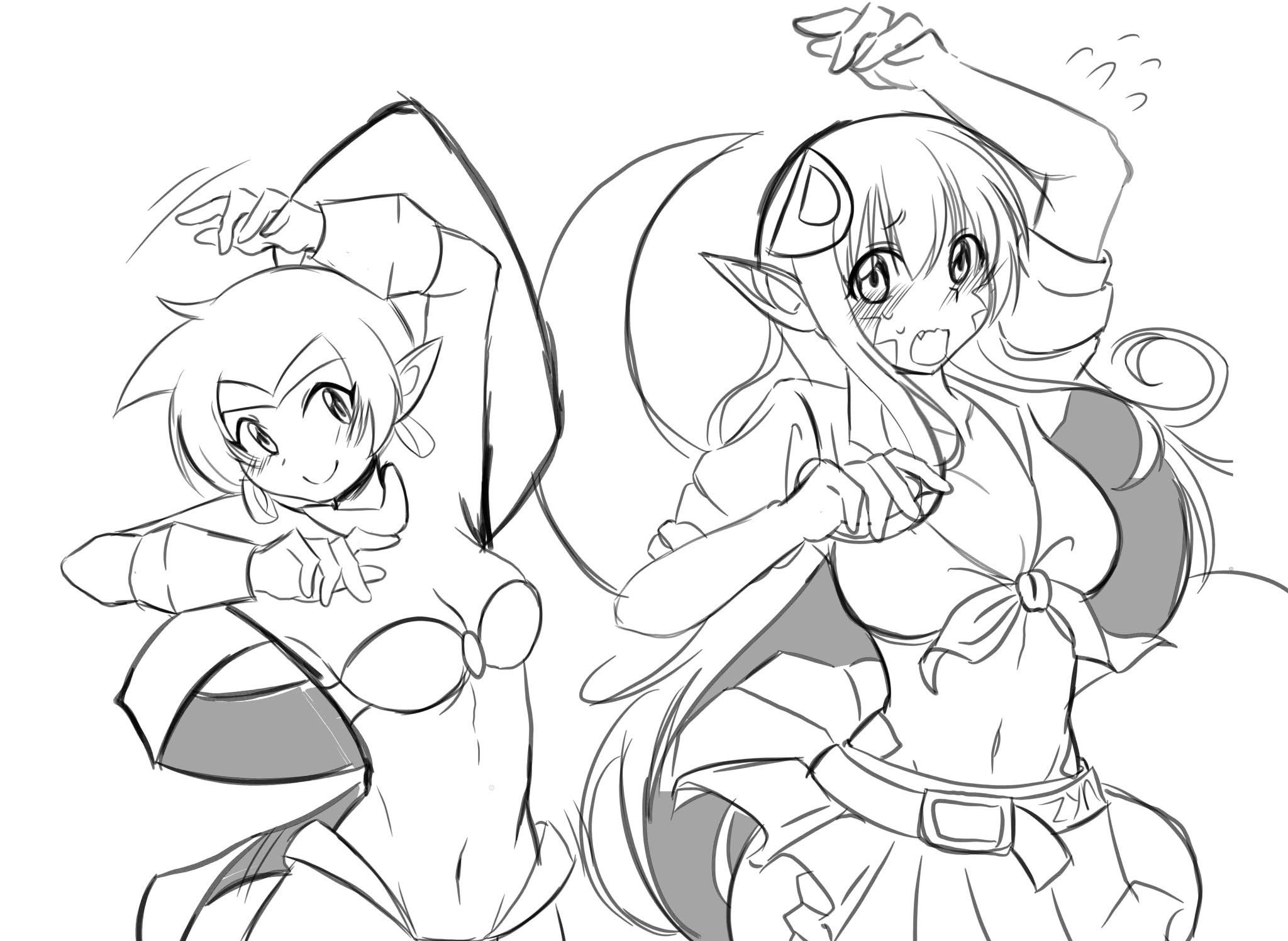 miia (monster musume), shantae, monster musume no iru nichijou, commentary, english commentary, highres, 2girls, blush, breasts, choker, cleavage, dancing, earrings, fang, flying sweatdrops, hair between eyes, hair ornament, hairclip, harem pants, hoop earrings, jewelry, lamia, large breasts, long hair, looking at viewer, medium breasts, monster girl, multiple girls, navel, open mouth, pants, pointy ears, ponytail, scales, smile, tiara, very long hair, zyn nuclearbombeater