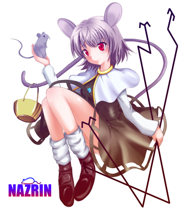 verynezumi, nazrin, touhou, 1girl, animal ears, basket, female focus, full body, grey hair, mouse (animal), mouse ears, mouse tail, red eyes, shoes, short hair, sitting, socks, solo, tail, white background