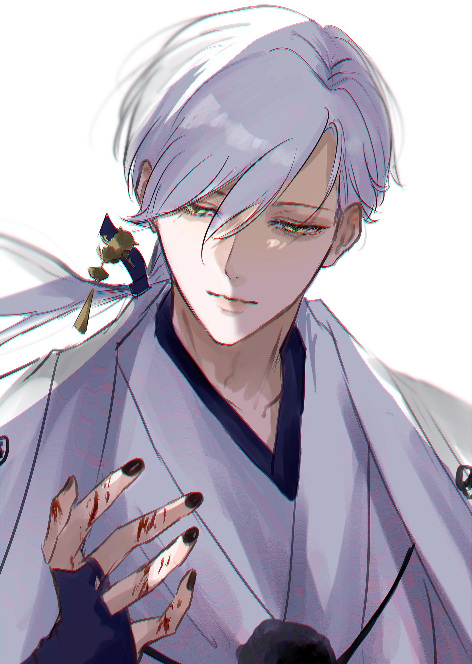 wu yuuri, fox mask (silent hill), silent hill (series), silent hill f, commentary request, highres, 1boy, black nails, blood, blood on hands, bridal gauntlets, earrings, hair between eyes, half-closed eyes, japanese clothes, jewelry, long hair, low ponytail, male focus, nail polish, ponytail, robe, solo, tassel, tassel earrings, white background, white hair, white robe, yellow eyes