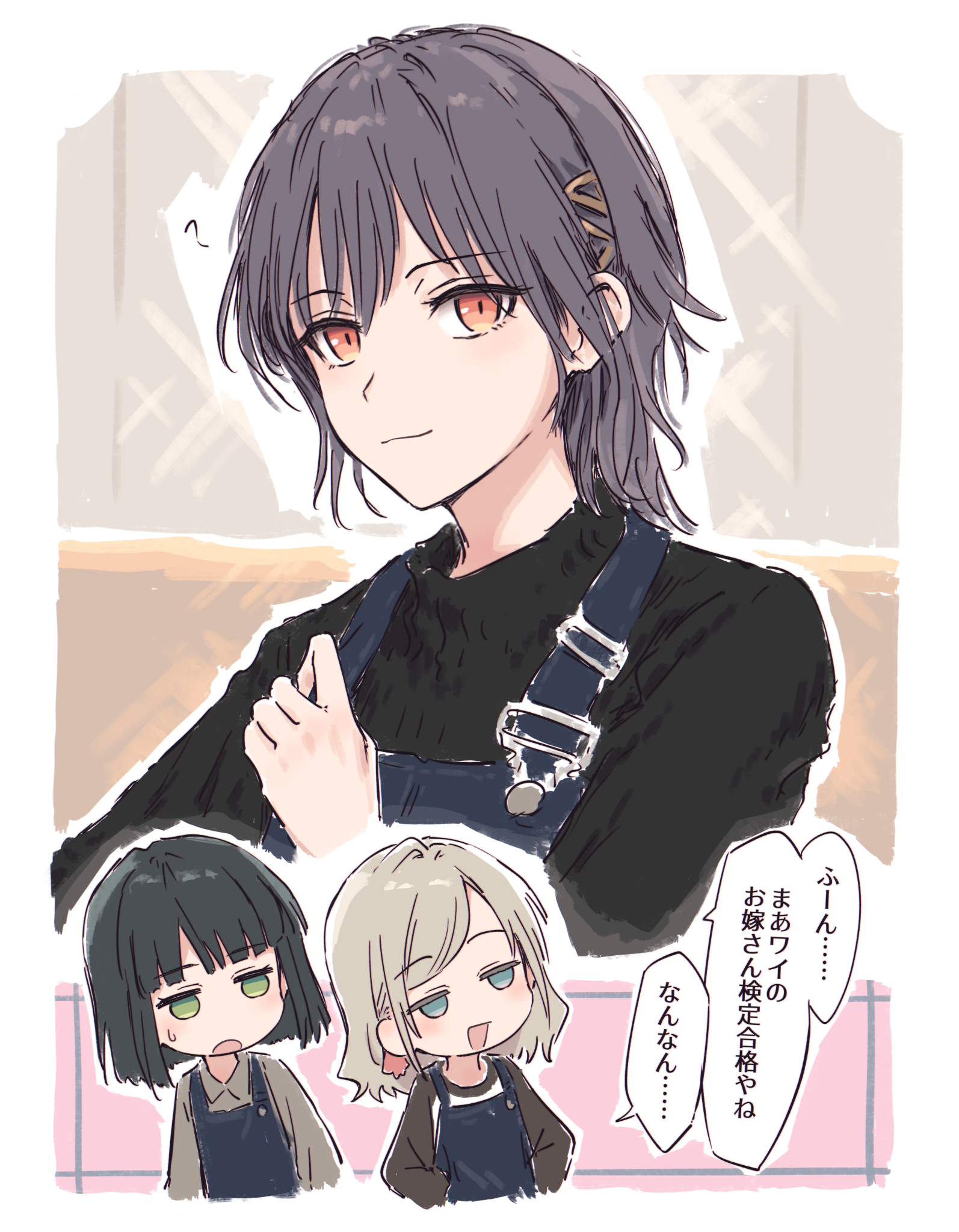 yukitake (bullfalk), ceras yanagida lilienfeld, katsuragi izumi, momose ginko, link! like! love live!, love live!, commentary, highres, translation request, 3girls, :3, :d, :o, ?, apron, black hair, black sleeves, black sweater, blue apron, blue eyes, blunt bangs, blunt ends, bob cut, chibi, collared shirt, green eyes, grey hair, grey shirt, hair ornament, hair ribbon, hands on own hips, jitome, light smile, multiple girls, open mouth, orange eyes, pink ribbon, raglan sleeves, ribbon, shirt, short hair, slit pupils, smile, speech bubble, sweatdrop, sweater, triangle hair ornament, virtual youtuber, white shirt