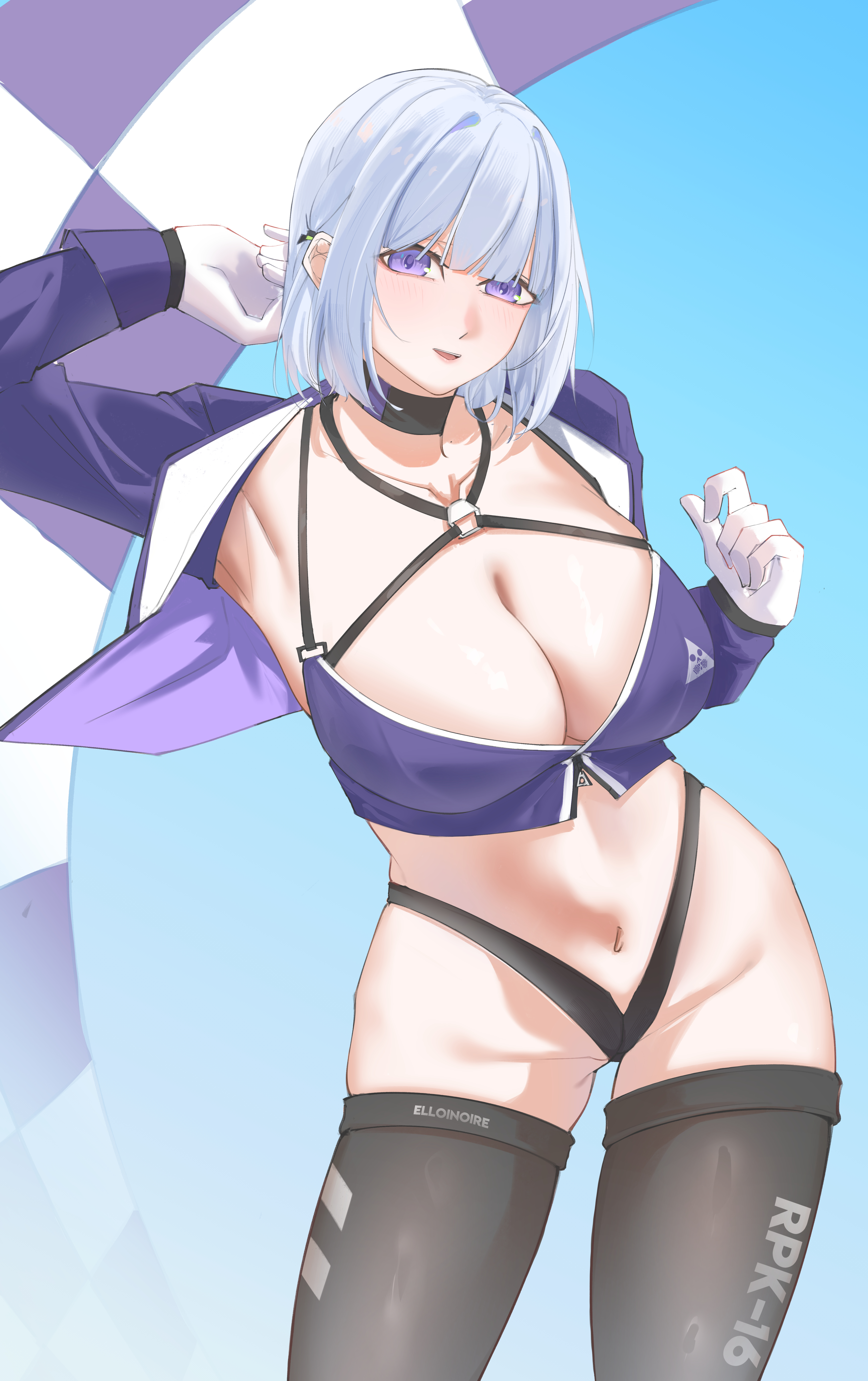 elloinoire, rpk-16 (girls' frontline), girls' frontline, absurdres, commentary, english commentary, highres, 1girl, alternate breast size (larger), black panties, black thighhighs, blue jacket, breasts, choker, cleavage, criss-cross halter, crop top, gloves, grey hair, halterneck, highleg, highleg panties, huge breasts, jacket, long sleeves, midriff, navel, o-ring, o-ring top, panties, purple eyes, race queen, short hair, smile, thighhighs, underwear, unusually open eyes, white gloves