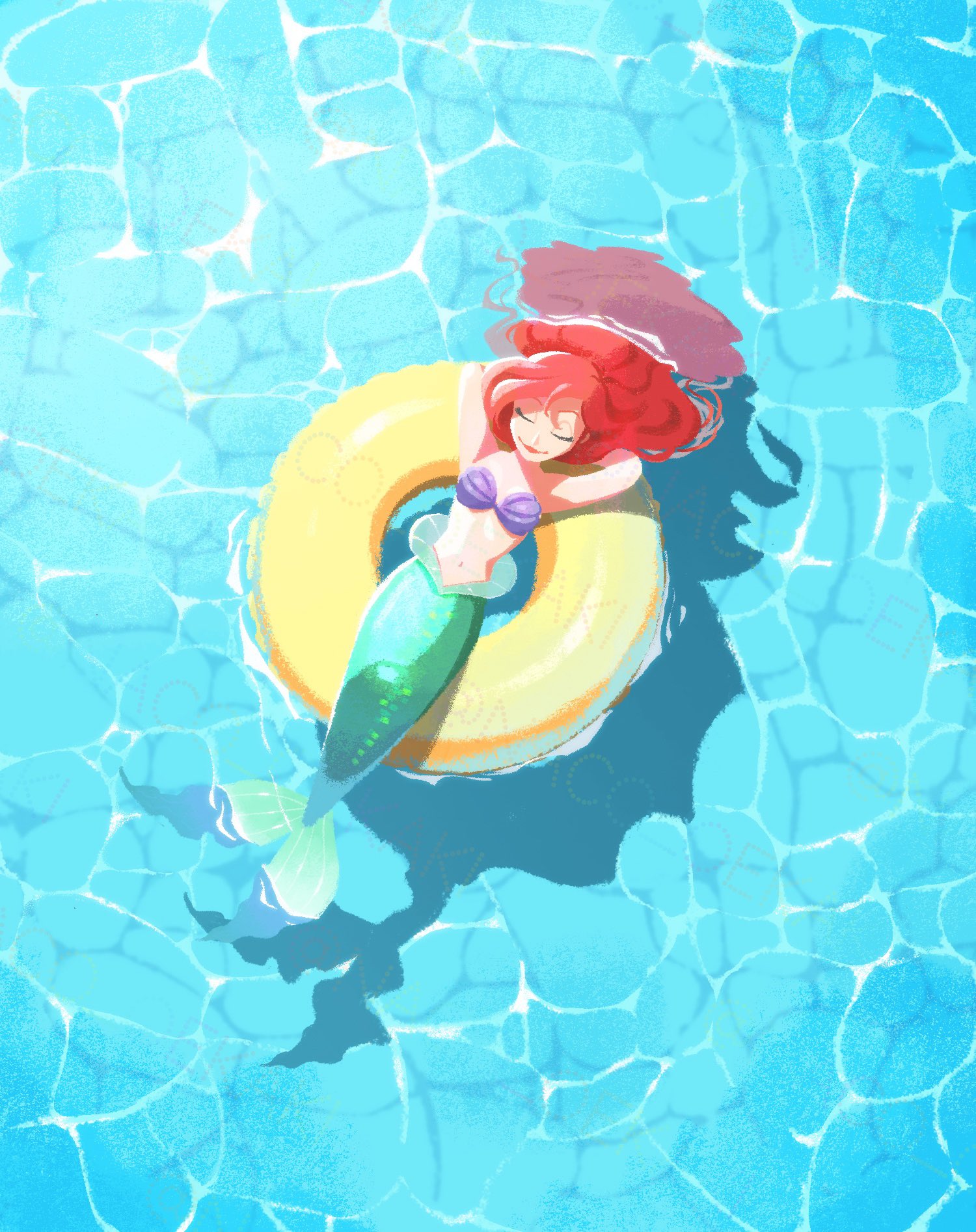 naco oekaki, ariel (disney), the little mermaid (disney), commentary request, highres, 1girl, afloat, arms behind head, bikini, breasts, closed eyes, closed mouth, fins, fish tail, full body, long hair, medium breasts, mermaid, midriff, monster girl, navel, red hair, shell, shell bikini, smile, solo, swim ring, swimsuit, tail