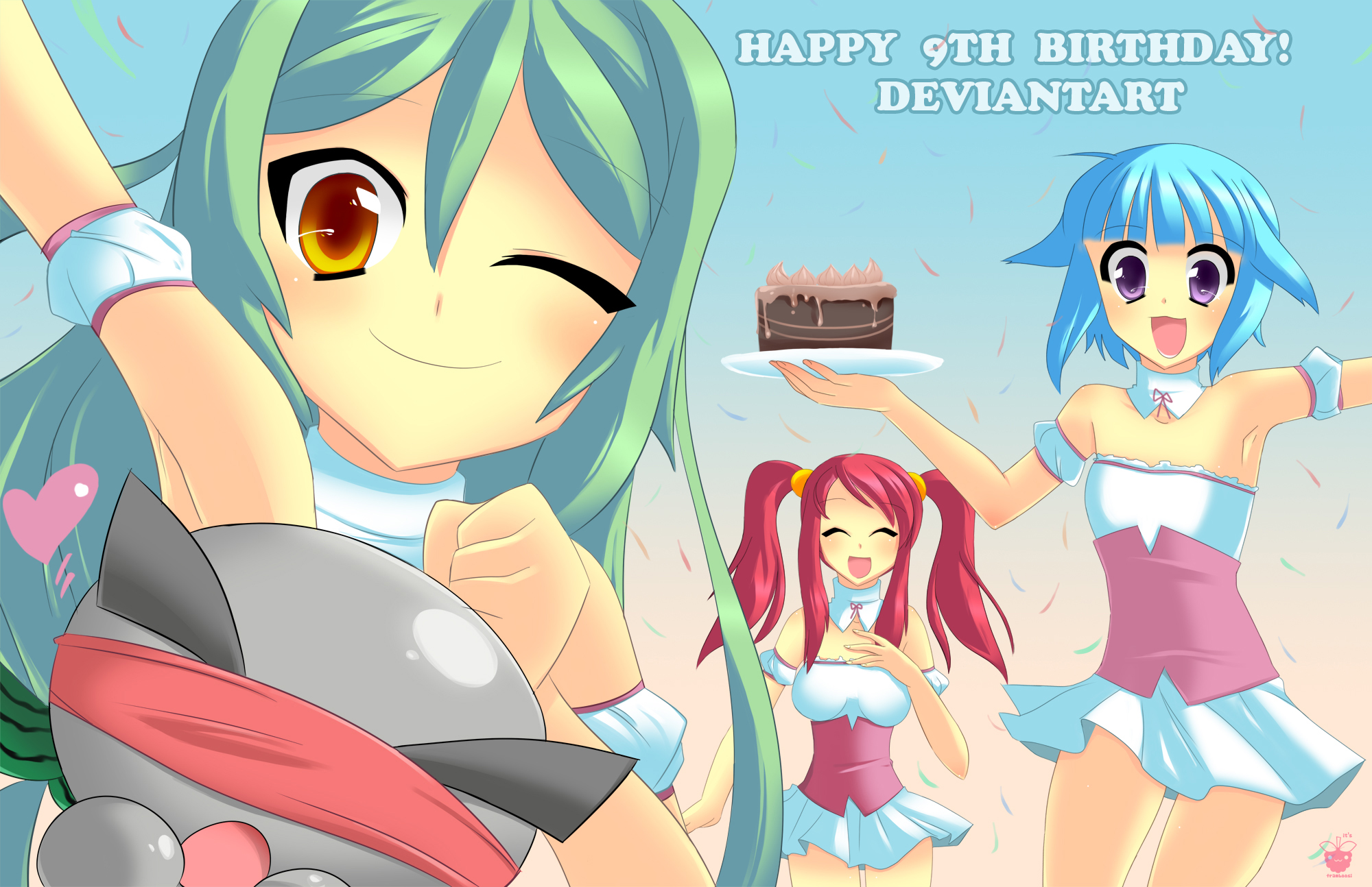 framboosi, fella, kasei (framboosi), mizumi, tanimori, original, highres, 3girls, :3, ^ ^, armpits, artist logo, birthday, blindfold, blue hair, blunt bangs, cake, closed eyes, colored blindfold, covered eyes, detached collar, food, green hair, hair flaps, happy, logo, long hair, multiple girls, one eye closed, open mouth, purple eyes, red hair, short hair, smile, standing, twintails, wink, yellow eyes