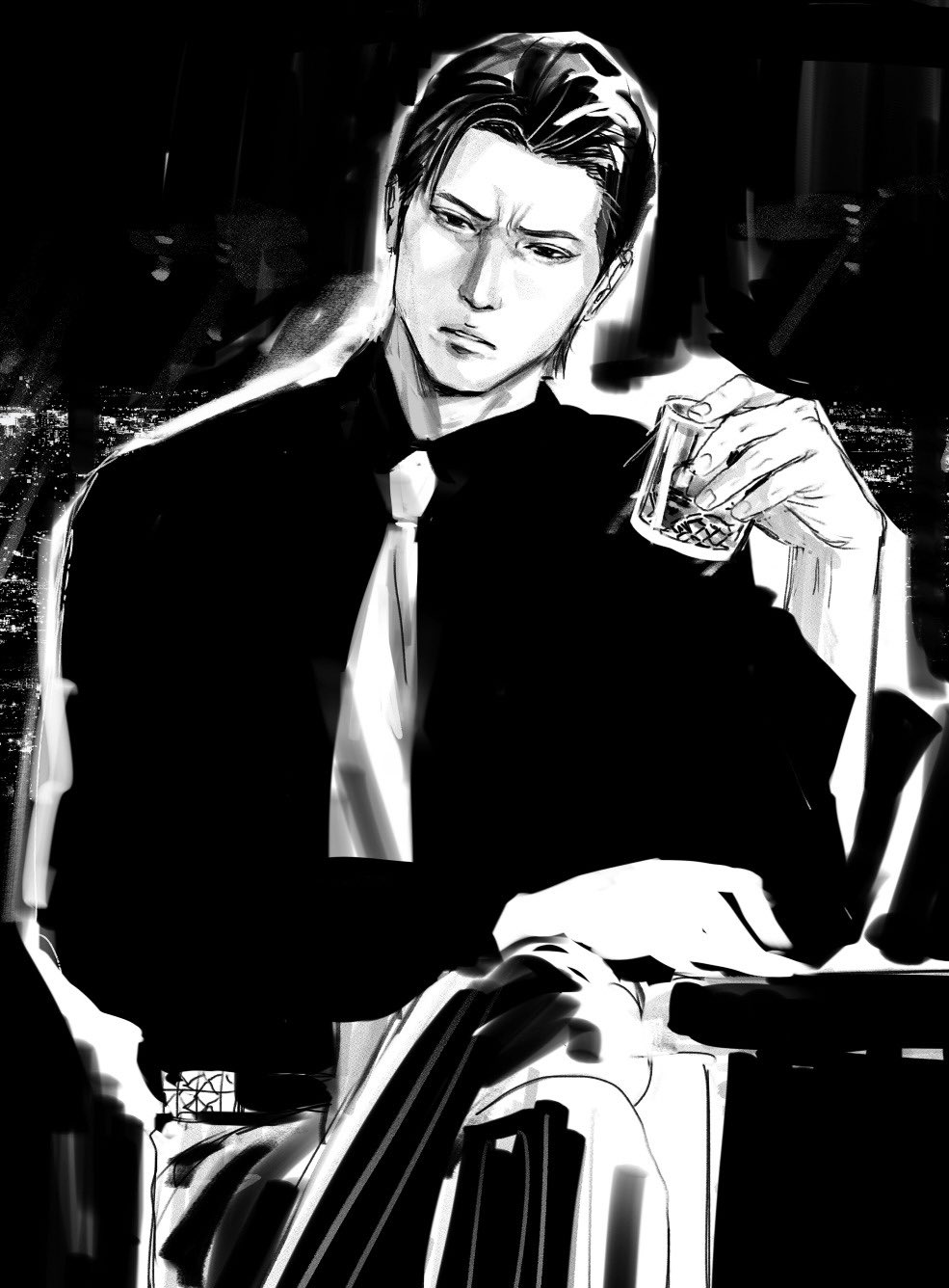 mine yoshitaka, ryuu ga gotoku (series), ryuu ga gotoku 3, commentary request, highres, 1boy, ahoge, alcohol, belt, cityscape, crossed legs, cup, frown, hair slicked back, holding, holding cup, male focus, monochrome, necktie, no jacket, sitting, solo, studded belt, tyag53, whisky glass