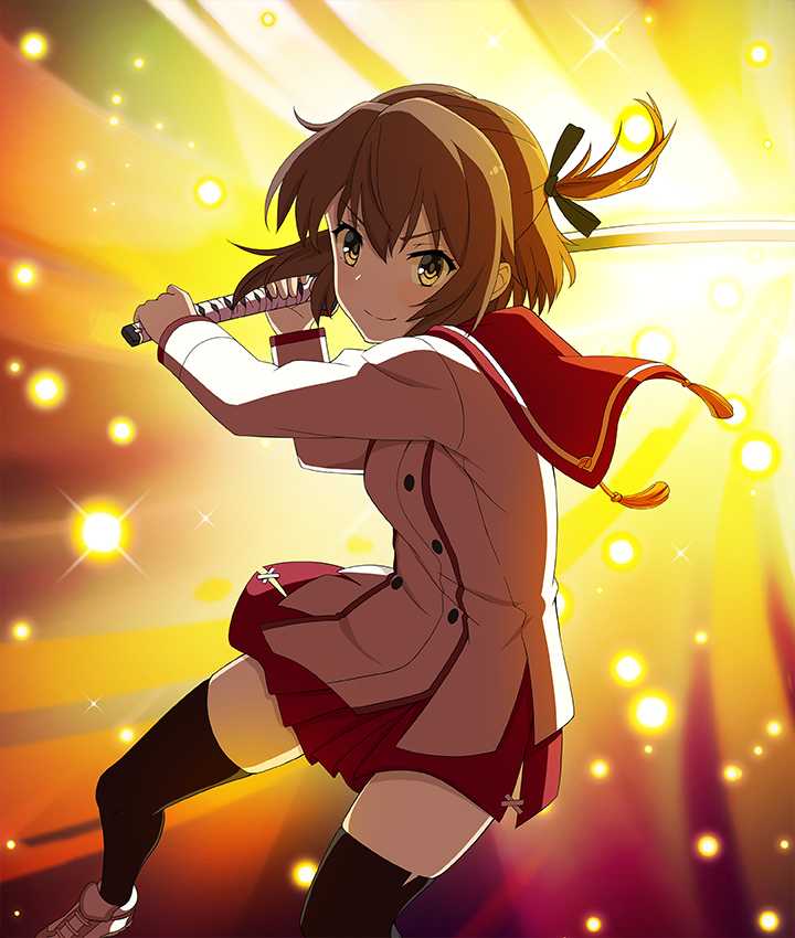 etou kanami, toji no miko, toji no miko: kizamishi issen no tomoshibi, game cg, official art, third-party source, 1girl, black ribbon, black thighhighs, breasts, brown hair, buttons, closed mouth, diffraction spikes, double-breasted, fighting stance, hair ribbon, holding, holding sword, holding weapon, katana, long sleeves, looking at viewer, minoseki gakuin uniform, one side up, red sailor collar, red skirt, ribbon, sailor collar, school uniform, shirt, shoes, short hair, skirt, small breasts, smile, solo, sparkle background, squatting, sword, tassel, thighhighs, two-handed, weapon, white shirt, white shoes, yellow eyes, zettai ryouiki