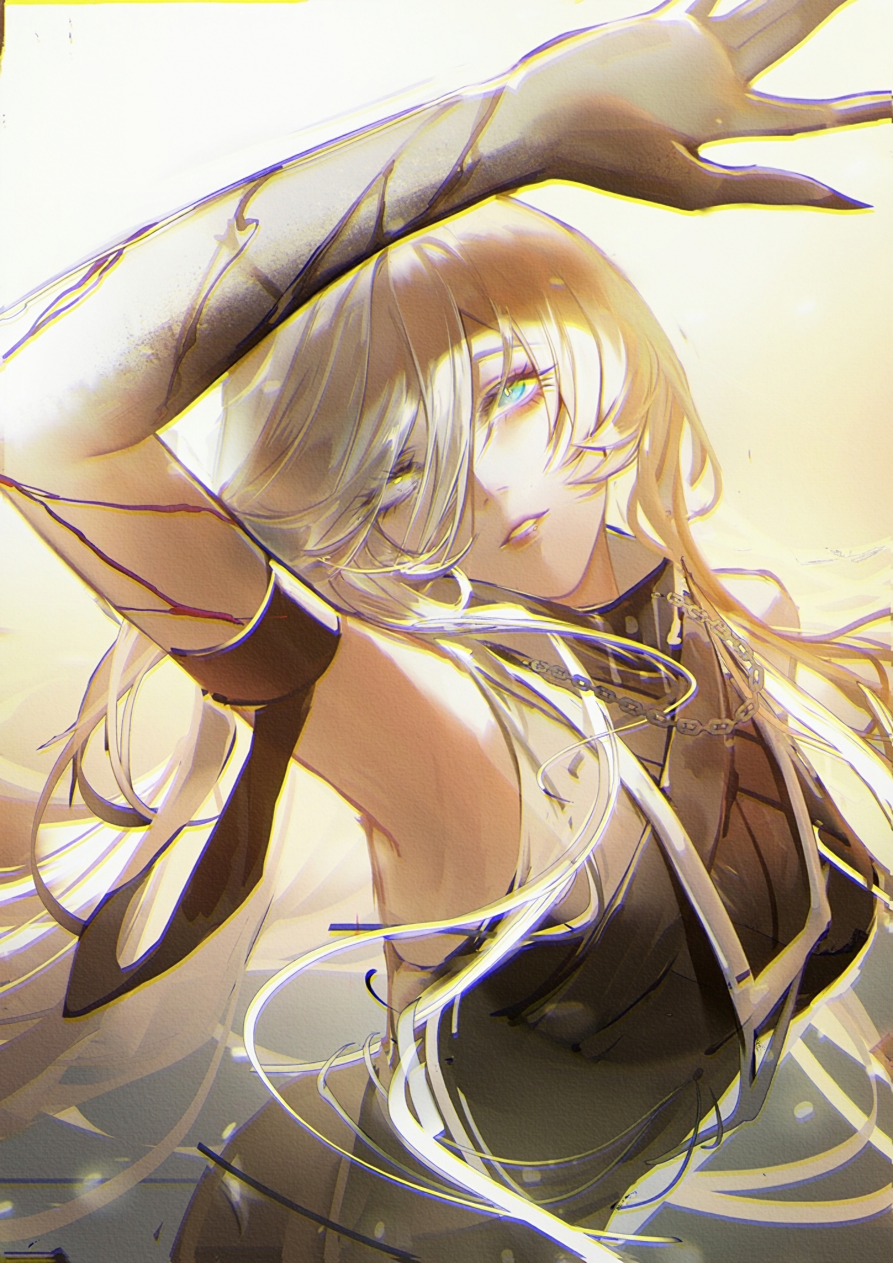 qingci, amber (path to nowhere), nox (path to nowhere), path to nowhere, absurdres, highres, 1girl, arm up, armband, armpits, black armband, black dress, black hands, blonde hair, blue eyes, chain, chain necklace, colored extremities, cracked skin, dress, dual persona, floating hair, gradient background, grey background, grey eyes, grey hair, hair between eyes, heterochromia, jewelry, long hair, looking up, multicolored hair, necklace, parted lips, sleeveless, sleeveless dress, solo, split-color hair, turtleneck, turtleneck dress, very long hair, yellow background