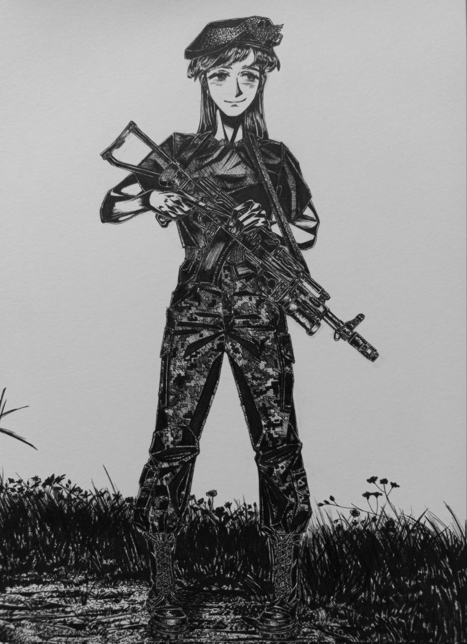 original, highres, photo (medium), 1girl, ak-74, aks-74, assault rifle, beret, black shirt, blush, bordfunker133, camouflage, camouflage pants, digital camouflage, gp-25, grenade launcher, greyscale, gun, hat, holding, holding gun, holding weapon, kalashnikov rifle, long hair, military, monochrome, no jacket, outdoors, pants, paratrooper, rifle, russo-ukrainian war, sasha shoshnikova, shirt, short sleeves, smile, solo, standing, t-shirt, ukrainian vdv, underbarrel grenade launcher, vdv, war in donbass, weapon