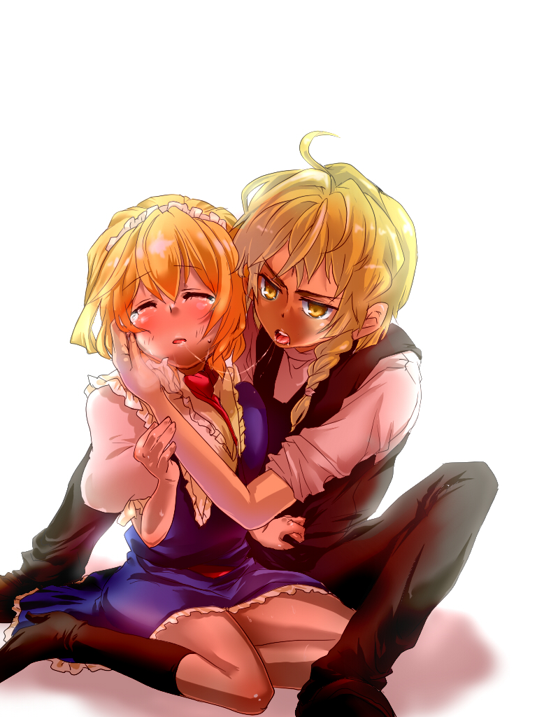 tsubaki haru, alice margatroid, kirisame marisa, touhou, 1boy, 1girl, blonde hair, blush, braid, genderswap, genderswap (ftm), hetero, kiss, saliva, saliva trail, short hair, tears, yellow eyes
