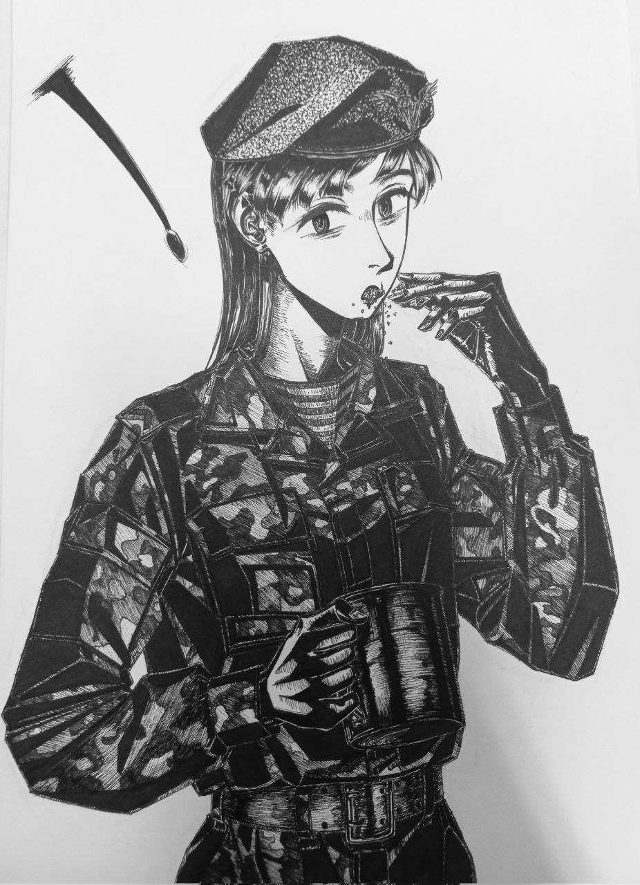 original, highres, photo (medium), !, 1girl, assault rifle, beret, black gloves, blush, bordfunker133, camouflage, camouflage jacket, camouflage pants, digital camouflage, eating, gloves, greyscale, gun, hat, holding, holding gun, holding weapon, jacket, long hair, long sleeves, looking at viewer, military, monochrome, pants, paratrooper, rifle, russo-ukrainian war, sasha shoshnikova, shirt, smile, solo, spoken exclamation mark, striped clothes, striped shirt, telnyashka, ukrainian vdv, vdv, war in donbass, weapon