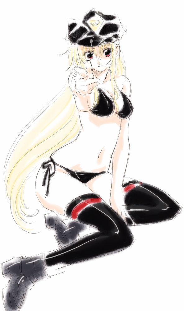 tokoharu, fate testarossa, lyrical nanoha, mahou shoujo lyrical nanoha, mahou shoujo lyrical nanoha strikers, bad id, bad pixiv id, 00s, 1girl, bikini, blonde hair, female focus, hat, long hair, side-tie bikini bottom, smile, solo, swimsuit, thighhighs, very long hair, white background