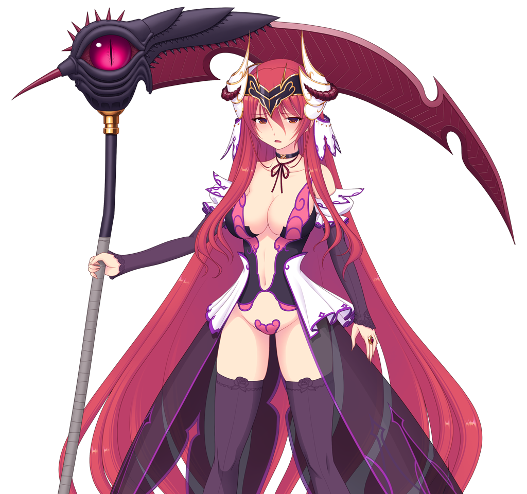 saitou natsuki, suhamaya, tomoe rena, kourin tenshi en ciel rena, game cg, large variant set, non-web source, official art, variant set, 1girl, bare shoulders, breasts, bridal gauntlets, choker, cleavage, demon girl, demon horns, heart maebari, holding, holding scythe, holding weapon, horns, huge weapon, large breasts, long hair, looking at viewer, lucifer rena, maebari, navel, open mouth, red eyes, red hair, revealing clothes, scythe, showgirl skirt, solo, strapless bottom, thighhighs, transparent background, very long hair, weapon