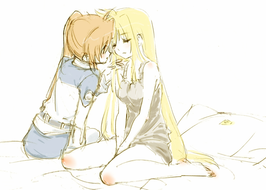 tokoharu, bardiche (nanoha), fate testarossa, takamachi nanoha, lyrical nanoha, mahou shoujo lyrical nanoha, mahou shoujo lyrical nanoha strikers, 00s, 2girls, barefoot, bed, blonde hair, brown hair, closed eyes, feet, long hair, military, military uniform, multiple girls, red hair, side ponytail, sketch, very long hair, yuri