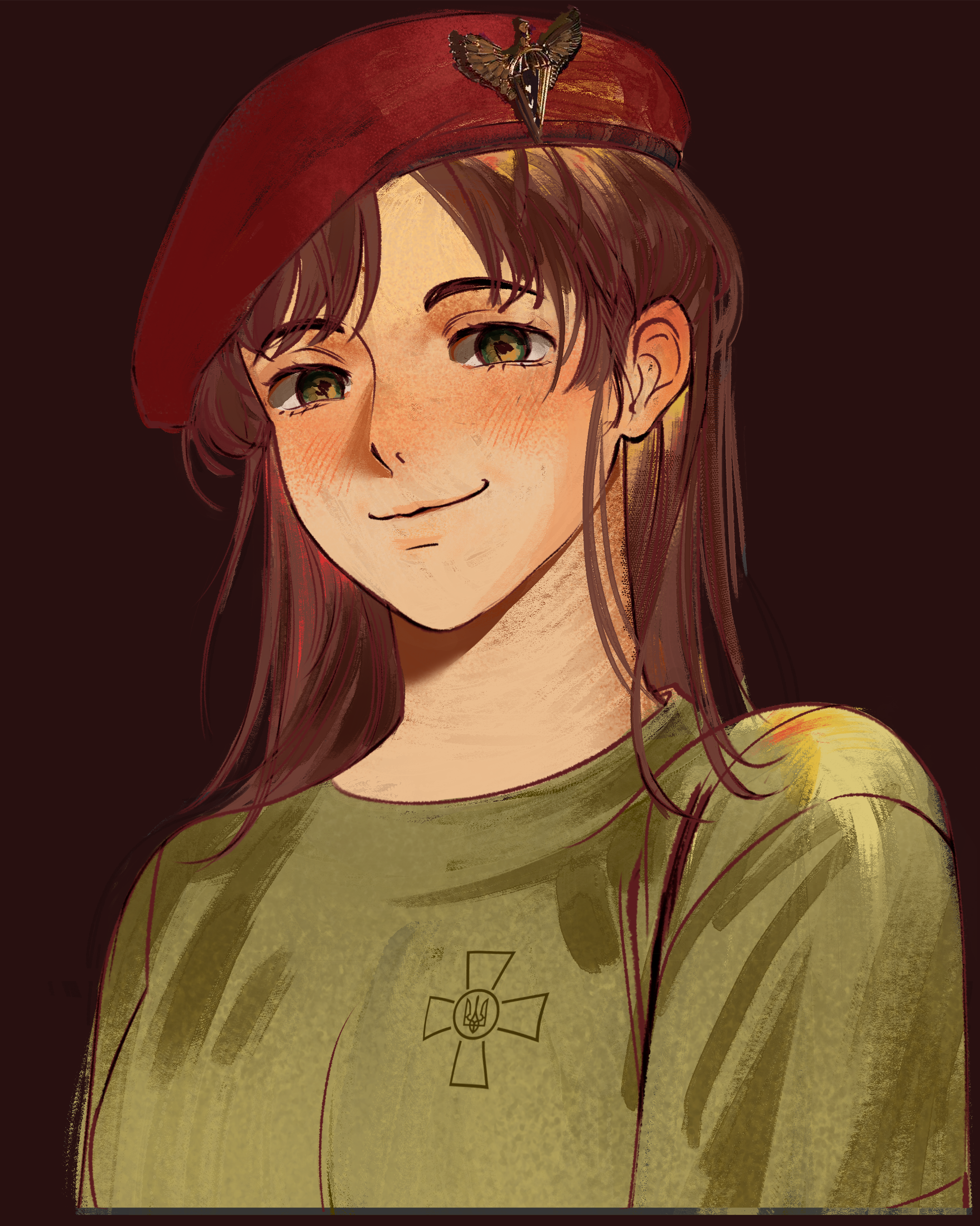 usergore, original, absurdres, commission, commissioner upload, highres, non-web source, 1girl, beret, blush, brown hair, closed mouth, green eyes, green shirt, hat, long hair, looking at viewer, red hat, russo-ukrainian war, sasha shoshnikova, shirt, simple background, smile, solo, tryzub, ukrainian vdv, upper body