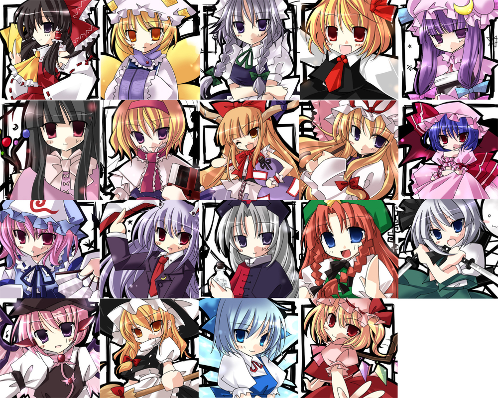 imari yuka, alice margatroid, cirno, flandre scarlet, hakurei reimu, hong meiling, houraisan kaguya, ibuki suika, izayoi sakuya, kirisame marisa, mystia lorelei, patchouli knowledge, reisen udongein inaba, remilia scarlet, rumia, saigyouji yuyuko, yagokoro eirin, yakumo ran, yakumo yukari, touhou, 6+girls, animal ears, blonde hair, braid, frills, hat, long hair, looking at viewer, multiple girls, open mouth, rabbit ears, red eyes, short hair, witch hat