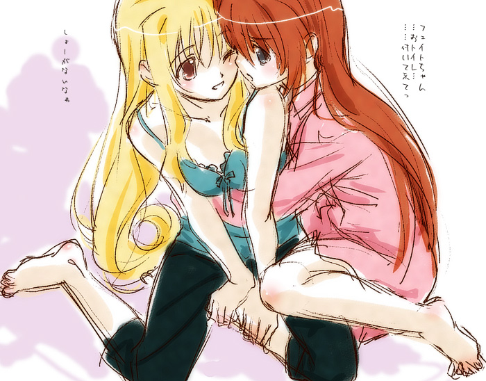 tokoharu, fate testarossa, takamachi nanoha, lyrical nanoha, mahou shoujo lyrical nanoha, mahou shoujo lyrical nanoha strikers, translated, 00s, 2girls, barefoot, blonde hair, blush, brown hair, feet, hug, long hair, multiple girls, sketch, very long hair, wink, yuri