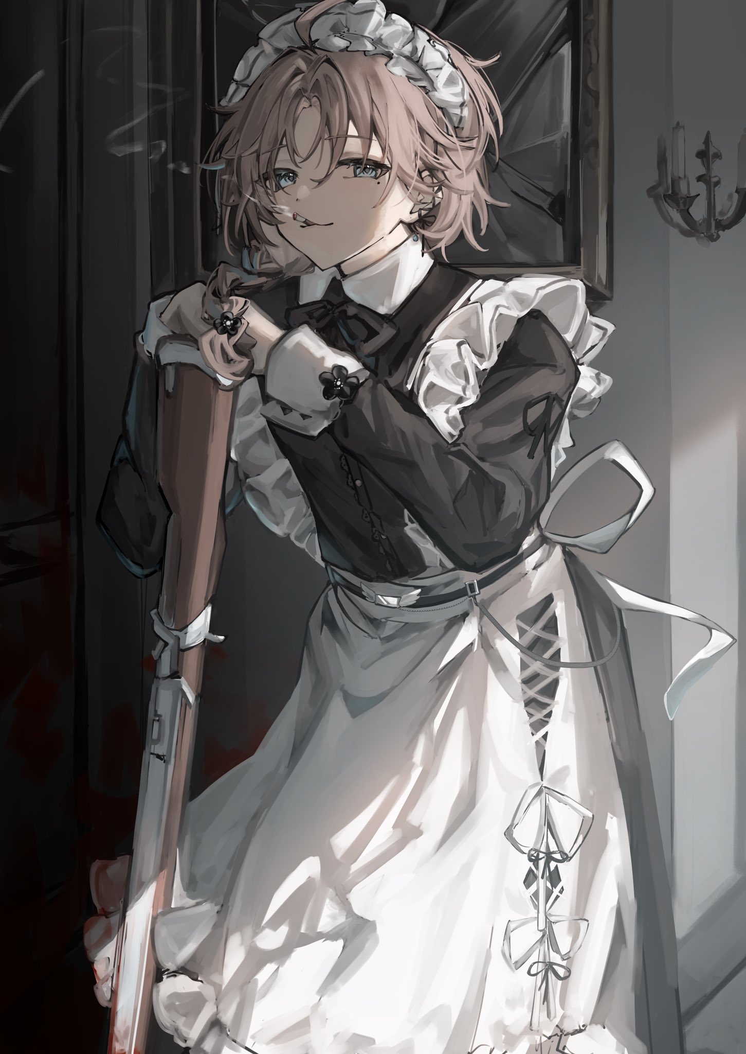 toripii (tori pippi 07), kanae (19th costume) (nijisanji), kanae (nijisanji), nijisanji, highres, 1boy, apron, black dress, braid, broken mirror, brown hair, cigarette, closed mouth, crossdressing, crossdressing (mtf), dress, grey eyes, indoors, long hair, long sleeves, looking at viewer, maid apron, maid headdress, male focus, mirror, mole, mole under eye, official alternate costume, parted bangs, side braid, smoke, smoking, solo, standing, virtual youtuber