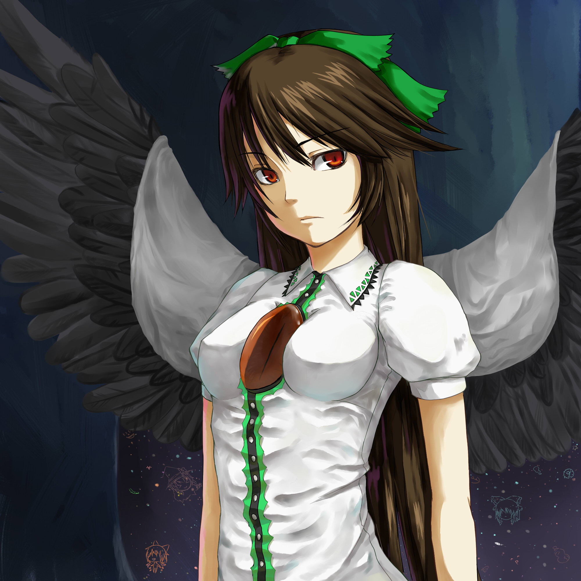 tsukikase, cirno, hakurei reimu, kirisame marisa, reiuji utsuho, yagokoro, touhou, highres, 1girl, black hair, breasts, circled 9, female focus, hair ribbon, impossible clothes, impossible shirt, long hair, red eyes, ribbon, shirt, solo, wings