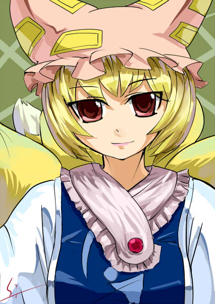 sinzan, yakumo ran, touhou, 1girl, animal ears, blonde hair, brown eyes, brown hair, female focus, hat, multiple tails, solo, tail