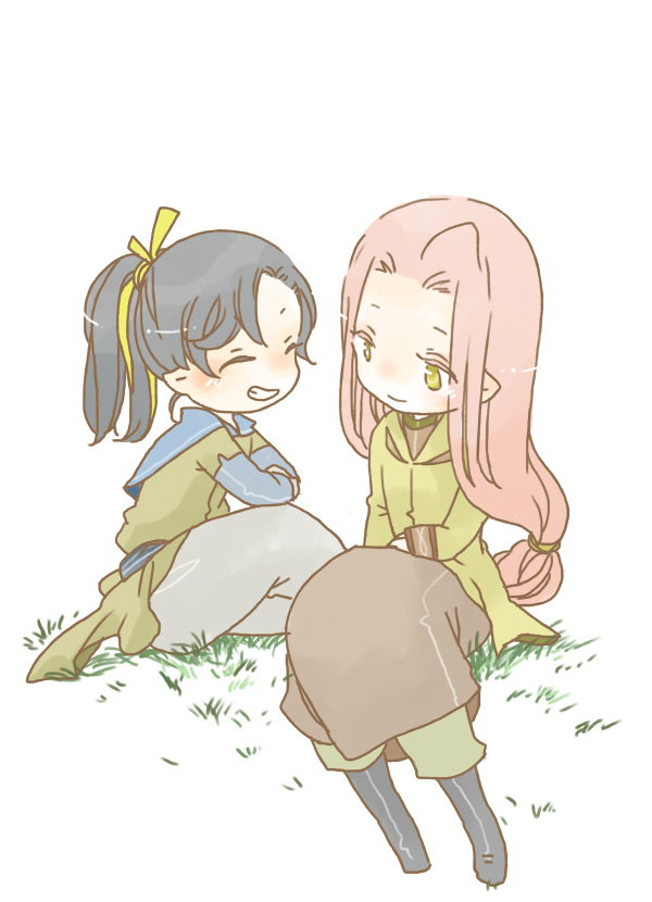 pixiv id 1298298, fingon, maedhros, the silmarillion, tolkien's legendarium, 2boys, black hair, closed eyes, closed mouth, crossed arms, elf, full body, high ponytail, long hair, looking at another, low ponytail, male focus, multiple boys, parted bangs, parted lips, pink hair, pointy ears, ponytail, simple background, sitting, smile, teeth, white background