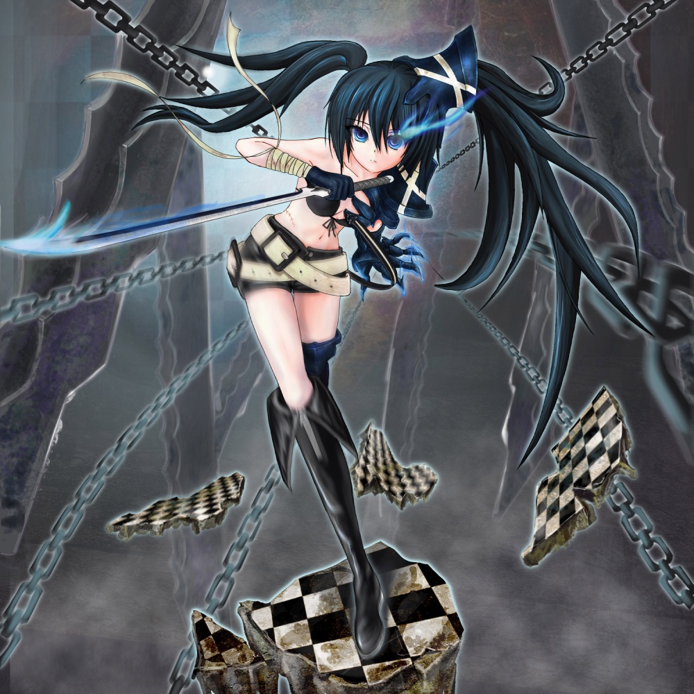 ushas, black rock shooter (character), insane black rock shooter, black rock shooter, 10s, 1girl, bandages, belt, belt skirt, bikini, bikini top only, black boots, black hair, blue eyes, boots, chain, female focus, foreshortening, front-tie top, gauntlets, gloves, katana, long hair, midriff, motion blur, navel, scar, shorts, solo, swimsuit, sword, twintails, very long hair, weapon
