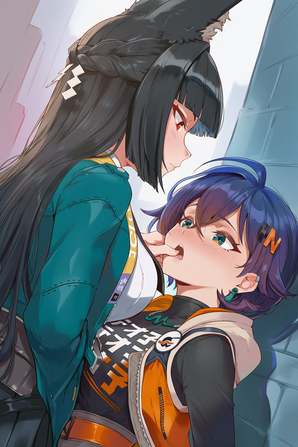 belle (zenless zone zero), hoshimi miyabi, zenless zone zero, 2girls, animal ears, belt, blush, earrings, finger in another's mouth, green eyes, hair ornament, hairclip, hikari illust, jacket, jewelry, long hair, multiple girls, open mouth, purple hair, red eyes, short hair, yuri, zipper