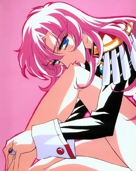 tenjou utena, shoujo kakumei utena, 1990s (style), 1girl, blue eyes, epaulettes, female focus, jewelry, long hair, pink background, pink hair, retro artstyle, ring, solo