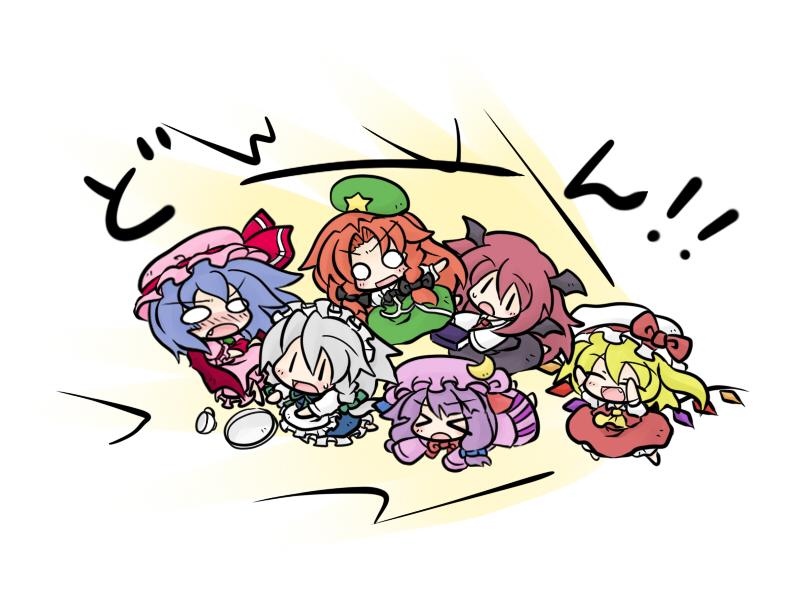yanagi (nurikoboshi), flandre scarlet, hong meiling, izayoi sakuya, koakuma, patchouli knowledge, remilia scarlet, embodiment of scarlet devil, touhou, silver hair, md5 mismatch, resolution mismatch, source smaller, > <, 6+girls, :d, :o, ^ ^, apron, arms up, ascot, asymmetrical hair, barefoot, bat wings, blonde hair, blue hair, blunt bangs, blush, book, bow, braid, carrying, chibi, china dress, chinese clothes, closed eyes, crescent, cup, dress, dress shirt, dropping, everyone, fallen down, fang, female focus, hat, hat bow, hat ribbon, head wings, long hair, maid, maid apron, maid headdress, multiple girls, necktie, o o, open mouth, outstretched arms, purple dress, red hair, ribbon, shirt, short hair, shouting, side ponytail, sidelocks, simple background, skirt, skirt set, smile, spread arms, star (symbol), striped clothes, striped dress, surprised, sweatdrop, teacup, tray, twin braids, unworn hat, unworn headwear, very long hair, vest, waist apron, wings, | |