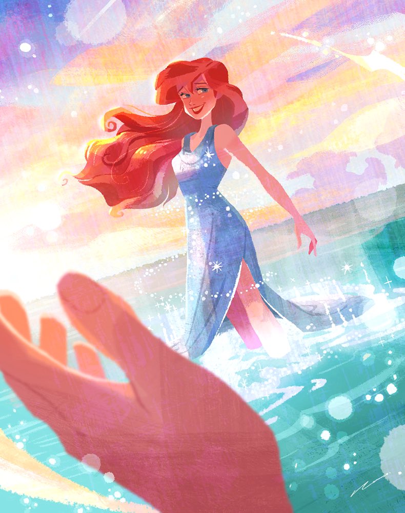 naco oekaki, ariel (disney), the little mermaid (disney), commentary request, 1girl, bare arms, bare shoulders, blue dress, blue eyes, blurry, blurry foreground, breasts, dress, hair between eyes, long dress, long hair, looking at viewer, medium breasts, ocean, outstretched hand, parted lips, red hair, red lips, side slit, signature, sleeveless, sleeveless dress, smile, soaking feet, teeth