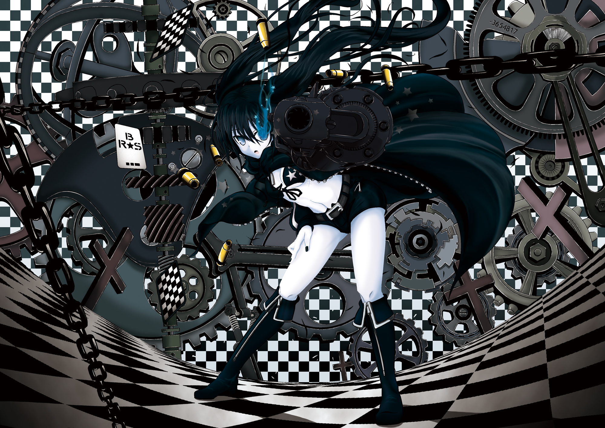 satou samu, black rock shooter (character), black rock shooter, highres, 10s, 1girl, bikini, bikini top only, black hair, blue eyes, boots, chain, checkered floor, coat, cross, female focus, floor, gears, glowing, glowing eyes, gun, long hair, navel, pale skin, rifle, scar, shell casing, shorts, solo, star (symbol), swimsuit, twintails, weapon