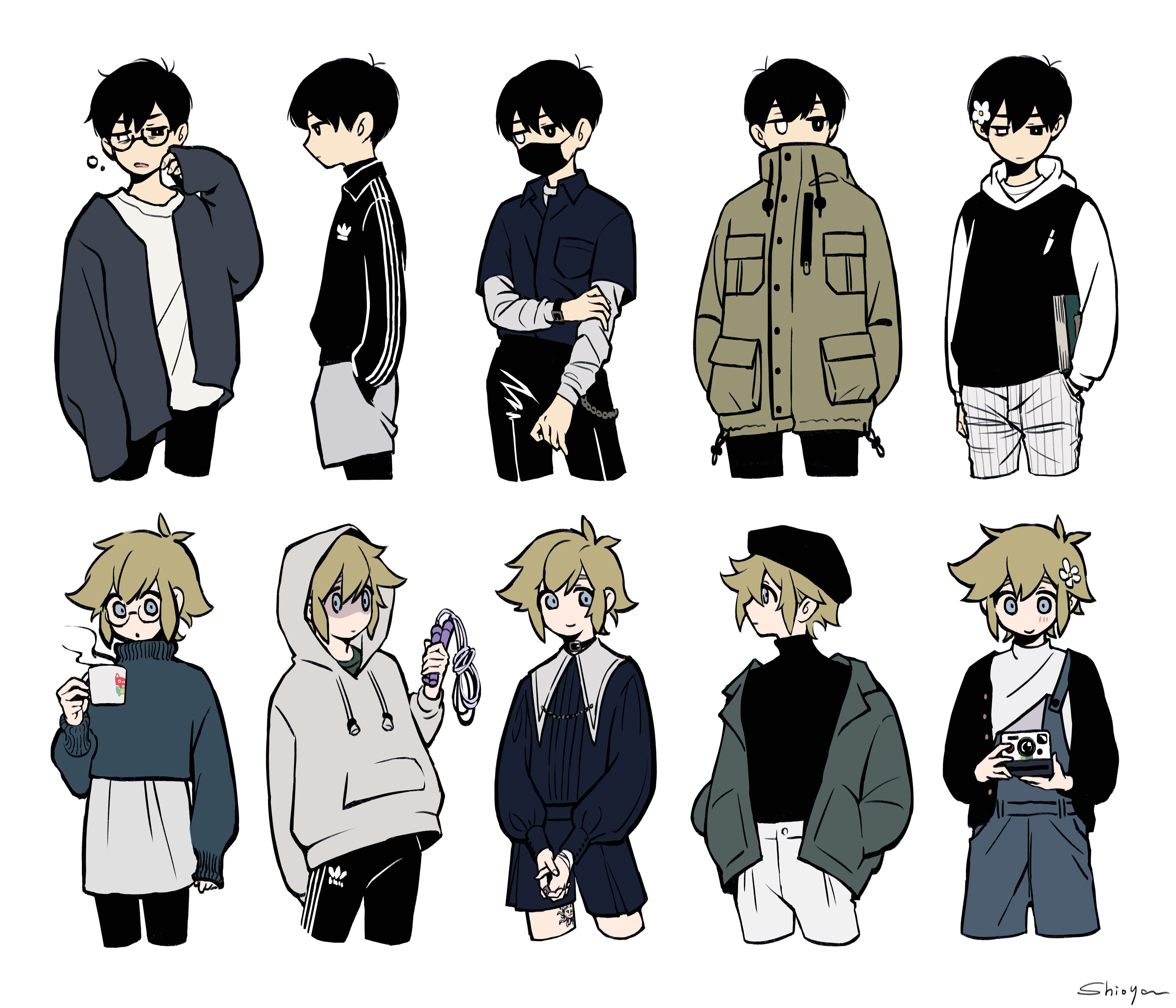 shioya (shioya omo), basil (faraway) (omori), basil (omori), sunny (omori), omori, absurdres, commentary request, highres, spoilers, 2boys, alternate costume, antenna hair, artist name, beret, black-framed eyewear, black cardigan, black eyes, black hair, black hoodie, black jacket, black mask, black pants, black pantyhose, black shorts, black sweater, blonde hair, blue eyes, blue jacket, blue overalls, blue shirt, blue sweater, blush, breast pocket, bright pupils, brown coat, camera, cardigan, closed mouth, coat, collared jacket, collared shirt, double-parted bangs, flower, glasses, grey coat, grey hoodie, grey shorts, hair between eyes, hair flower, hair ornament, hands in pockets, hat, heterochromia, holding, holding camera, holding jump rope, hood, hood up, hoodie, jacket, jump rope, long sleeves, looking at viewer, male focus, mask, mouth mask, multiple boys, open cardigan, open clothes, open coat, overalls, pants, pantyhose, parted lips, pocket, round eyewear, semi-rimless eyewear, shirt, short hair, shorts, sidelocks, smile, squeans, striped clothes, striped pants, sweater, turtleneck, turtleneck sweater, under-rim eyewear, vertical-striped clothes, vertical-striped pants, watch, white eyes, white pants, white pupils, white shirt, white sweater, wristwatch