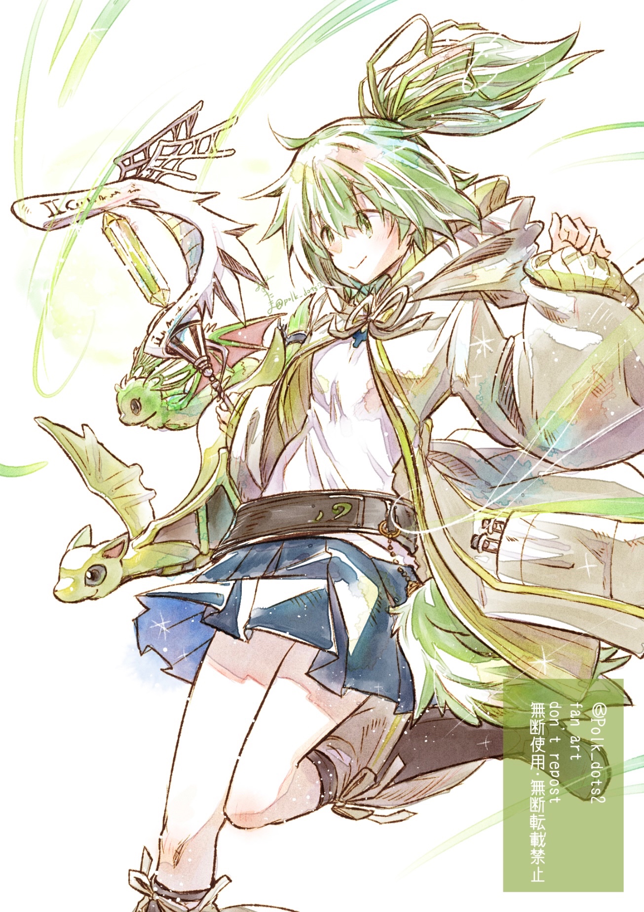 mizutama (mizutamalion), petit dragon, wynn (yu-gi-oh!), wynn the wind channeler, yu-gi-oh!, commentary request, highres, tagme, 1girl, dragon, dragon wings, duel monster, green eyes, green hair, green ribbon, hair between eyes, holding, holding staff, long sleeves, ponytail, ribbon, skirt, smile, staff, twitter username, white background, wings