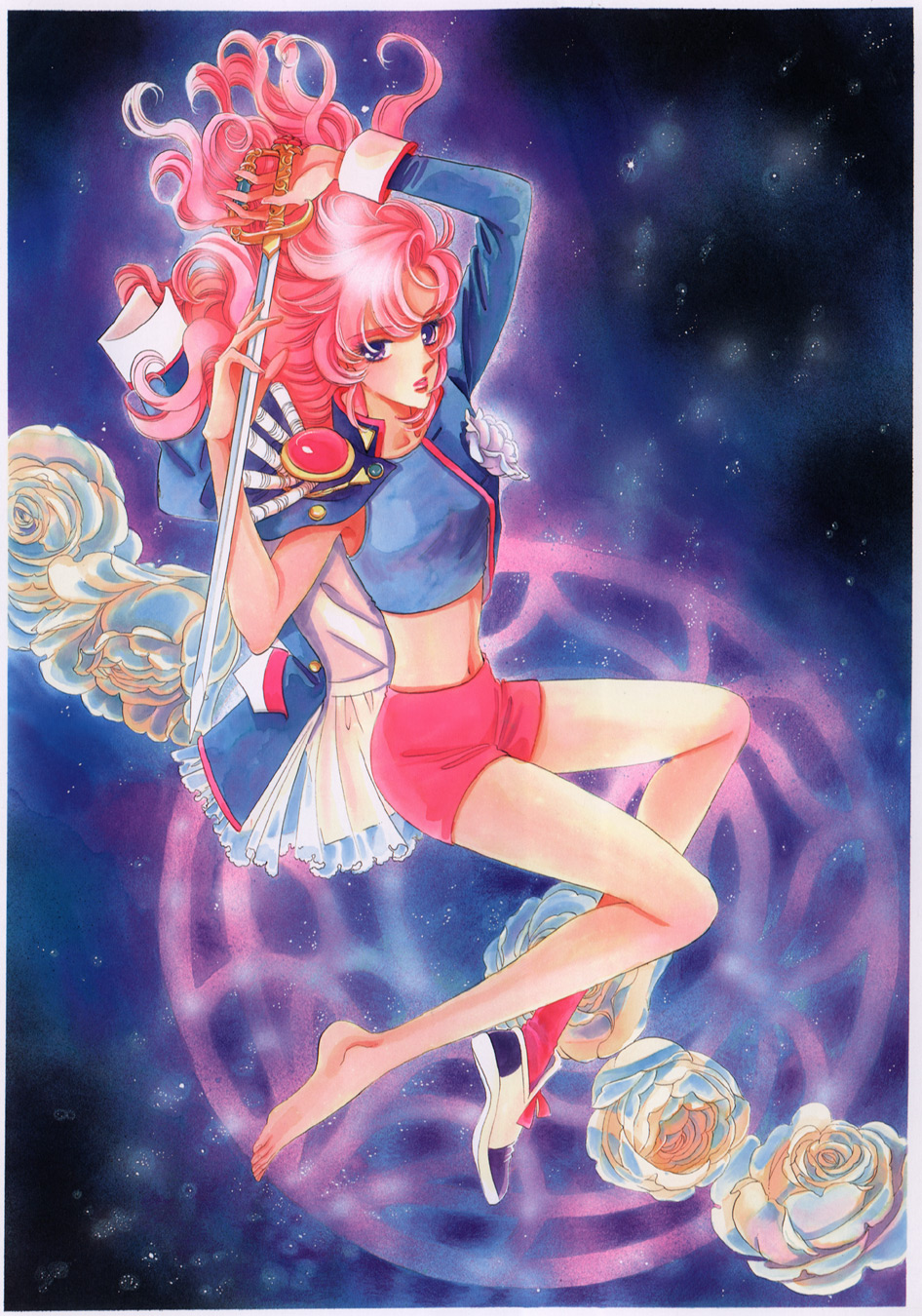 saitou chiho, tenjou utena, shoujo kakumei utena, highres, official art, 1990s (style), 1girl, barefoot, epaulettes, feet, female focus, flower, long hair, pink hair, retro artstyle, rose, shoes, single shoe, solo, sword, weapon, white flower, white rose